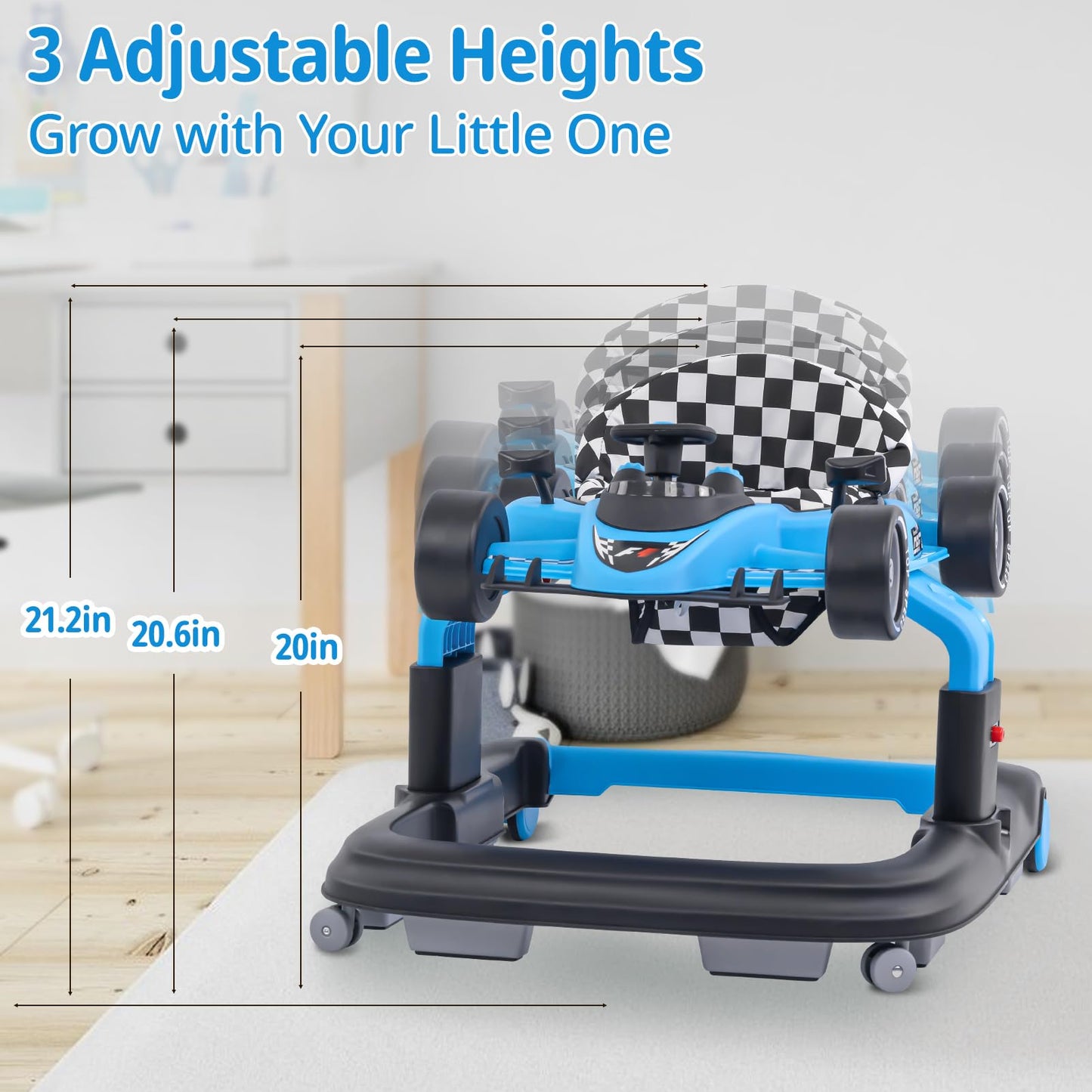 Baby Walker with Wheels | 3 Adjustable Heights, Reinforced Frame, 4 Modes (Push Walker & Jumper), Speed & Height Adjustments, Music, Lights, Anti-Rollover Design, for 6-18 Month Olds