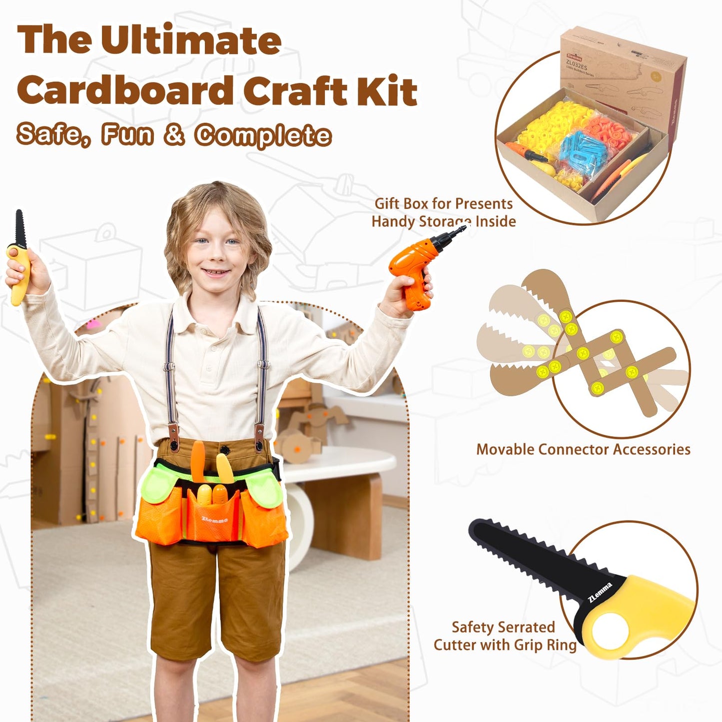 ZLemma Cardboard Construction Kit - 401 PCS Kids Building Set with Safe Serrated Cutter, Crease Roller, Screws & Nuts, STEM Upcycled Tool for DIY Cardboard Projects, Engineering & Creativity
