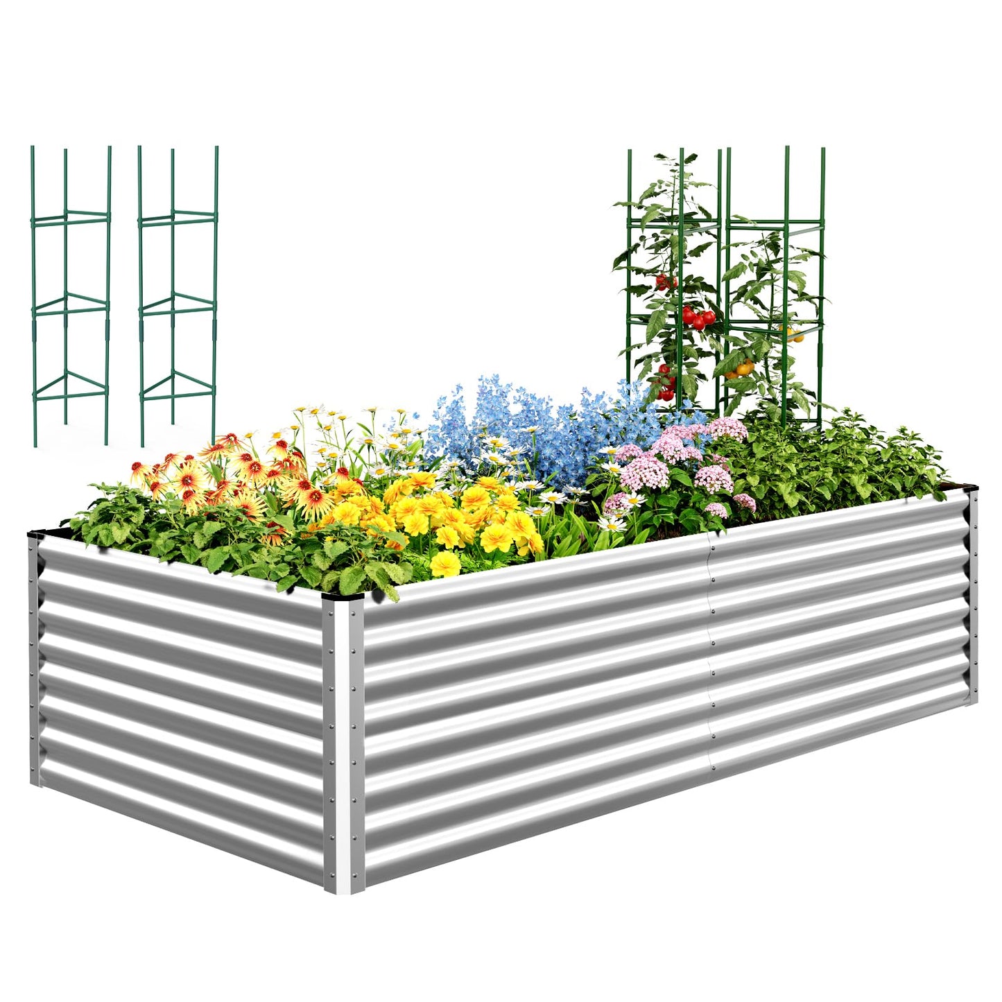 Quictent Galvanized Raised Garden Bed 8x4x2 Ft Tall Metal Planter Box for Vegetables Outdoor Bottomless for Backyard, 2 Tomato Cages Included, 22.04" Deep (Silver)