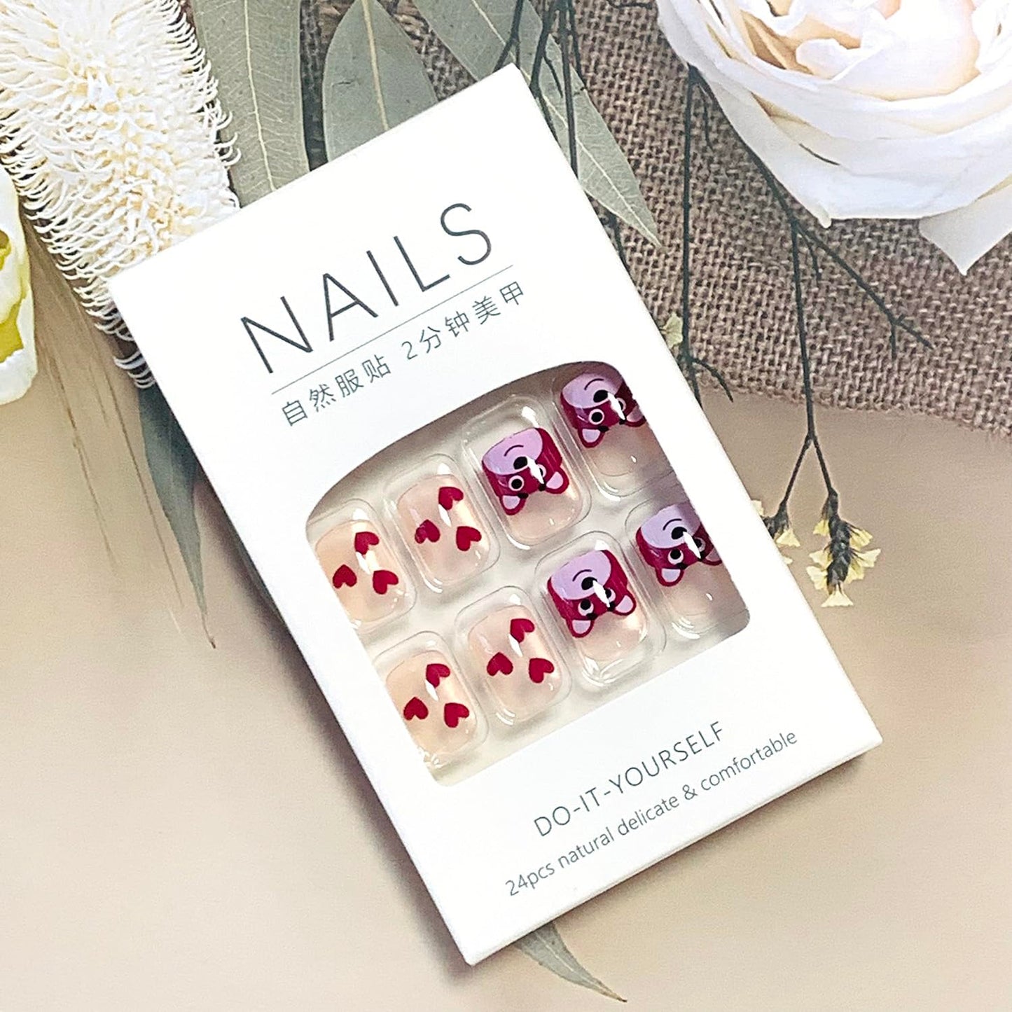 EYZOTSF Press on Nails Short Length Acrylic Glossy Full Cover Cute False Nails with Pink Bear Designs Artificial Extra Short Square Shaped Fake Nails Glue ons Fingernails for Women Girls