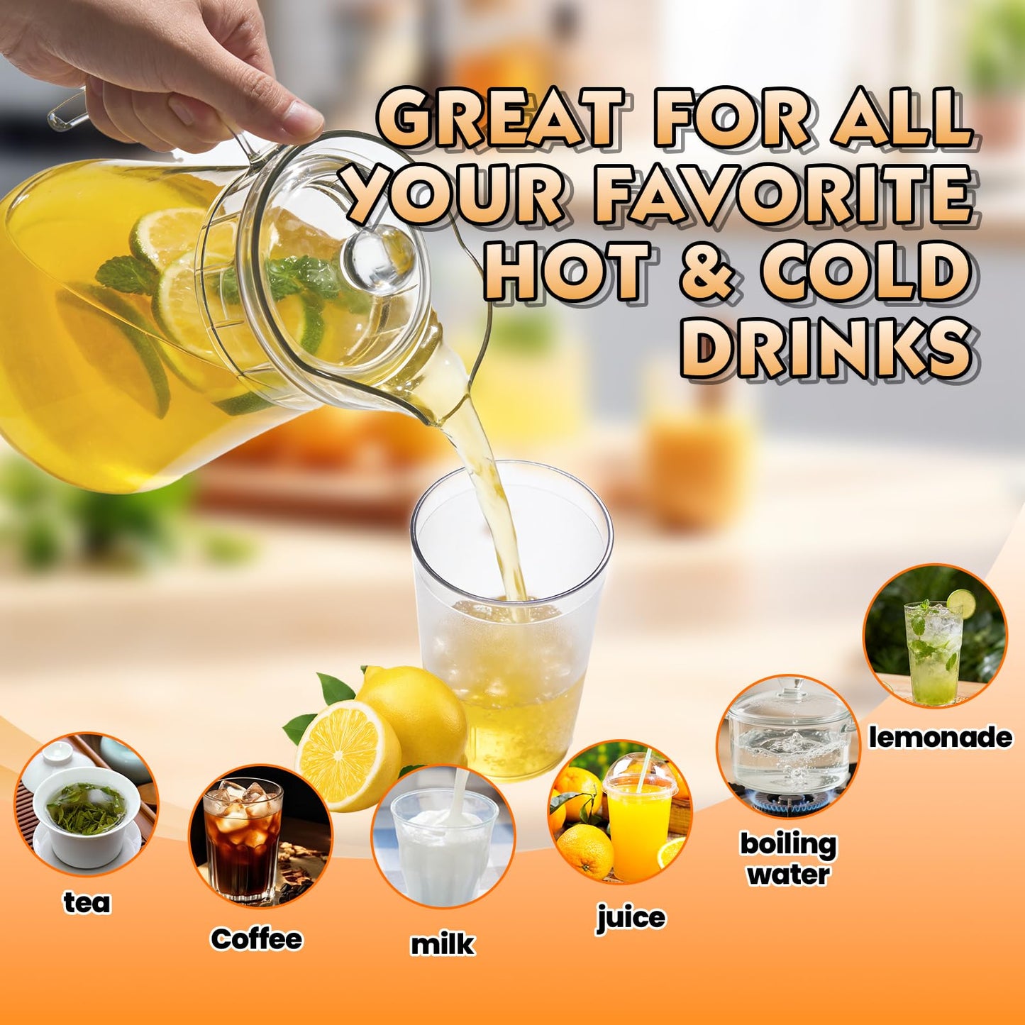 WELKOR Plastic Juice Pitcher with Lids & cups, 50 oz Large Capacity, Shatterproof & BPA-Free Water Jug for Tea, Lemonade, Sangria, Juice, Beverages