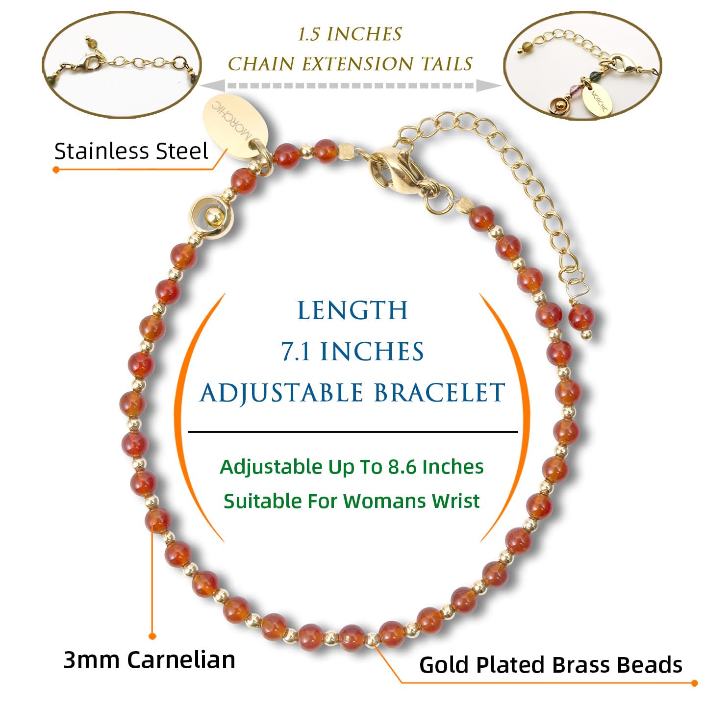 Morchic 3mm Red Carnelian Natural Gemstone Beaded Bracelet for Women, Dainty Tiny Charm Jewelry, Adjustable 7.1-8.6", Ideal Birthday Holiday Gift