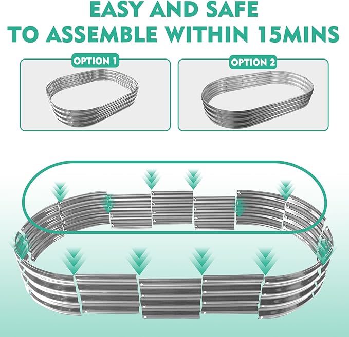 5X2.7X1 FT Oval Galvanized Metal Garden Raised Bed/Plant Box for Planting,32 Inches Diameter Iron Fire Pit Ring,Small Animal Fence-3 in 1 Modular Design in Black (Silver, 60X32X11.5 Inches)