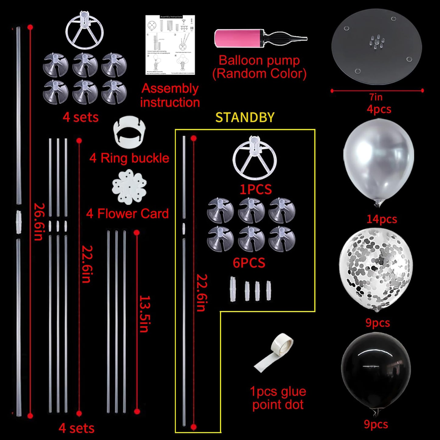 TONIFUL 4 Set Black and Silver Balloon Centerpiece for Table, Balloon Stand Kit for Birthday, Anniversary, Wedding, Halloween and Black Silver Party Decorations,2026 Graduation Decorations,Retirement