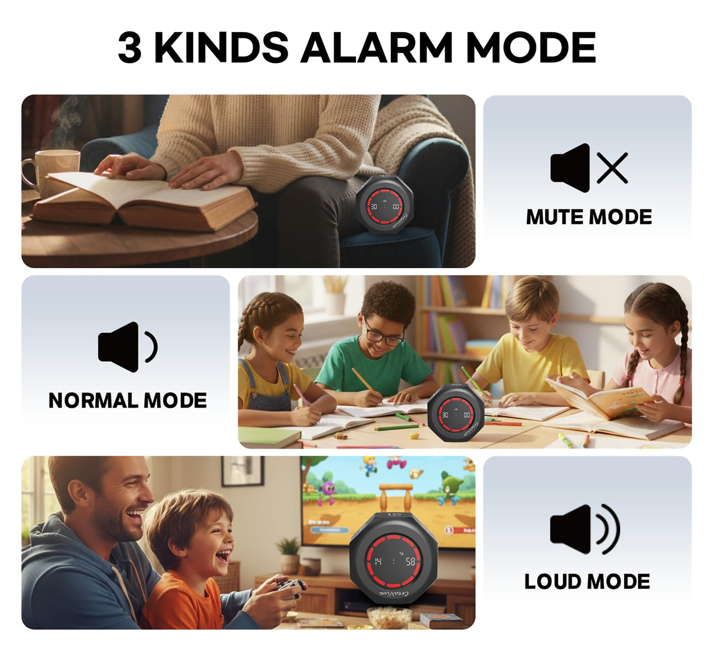 CREAVIVA Flip Cube Pomodoro Timer - Rechargeable Visual Countdown & Count Up Stopwatch, 7 Preset Intervals, 3 Alarm Modes, Productivity Tool for ADHD, Kids, Study, Work & Kitchen (Gray)