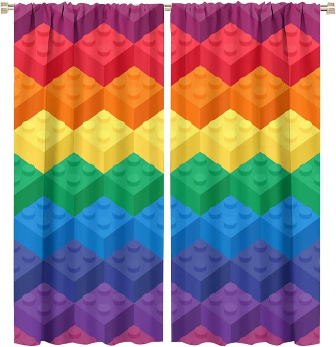 Colorful Building Blocks Cartoon Toy Printed Curtains, Bedroom, Living Room, Architecture, Curtains, Fun Brick 3D Design Curtains, Children's Living Room, Window Treatment Panels 2 Panels 63x72in
