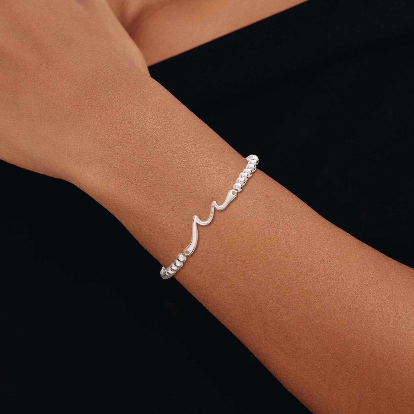 Beaded Bracelets for Women 14K Silver Gold Plated Stretch Handmade Ball Bracelets Cute Charm Bracelet Dainty Stackable Cross Heart Bow Wave CZ Circle Trendy Jewelry Easter Gifts (wave-silver)