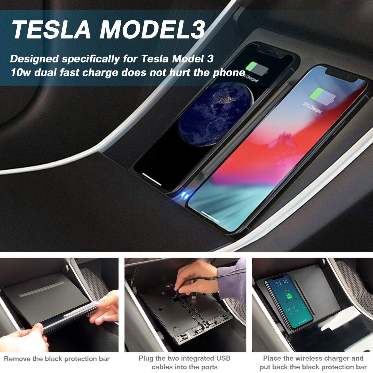 VXDAS Wireless Charger, Dual 10W QI Wireless Phone Charging Pad M3 Car Center Console for Tesla Model 3 Accessories Panel with 7pcs Custom Cup Mat Center Console Liner mat-Upgrade