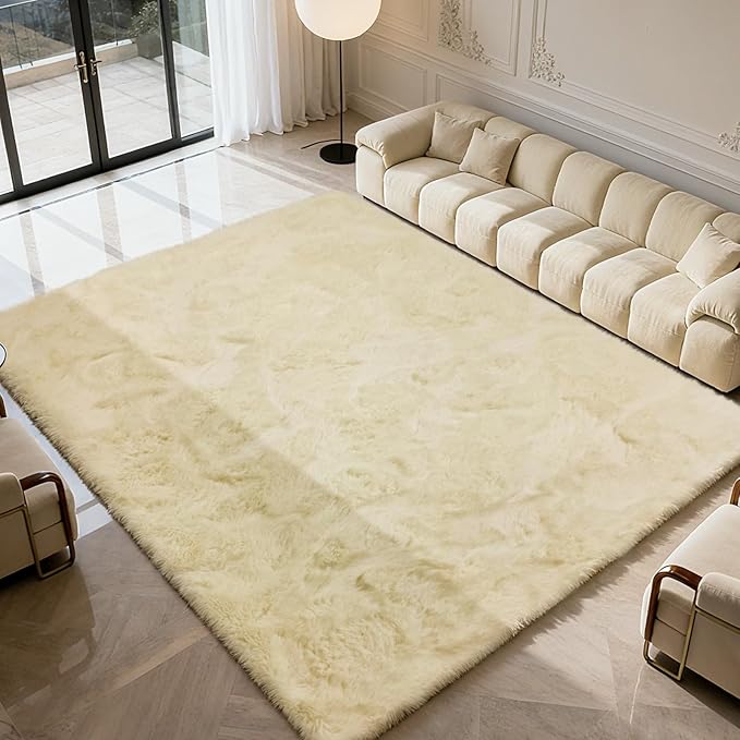 Ultra Soft Fluffy Area Rugs for Bedroom Living Room Ivory 10x14, Nursery Rug, Non-Slip Carpet for Kids Dorms Decor, Shaggy Bedside Rug