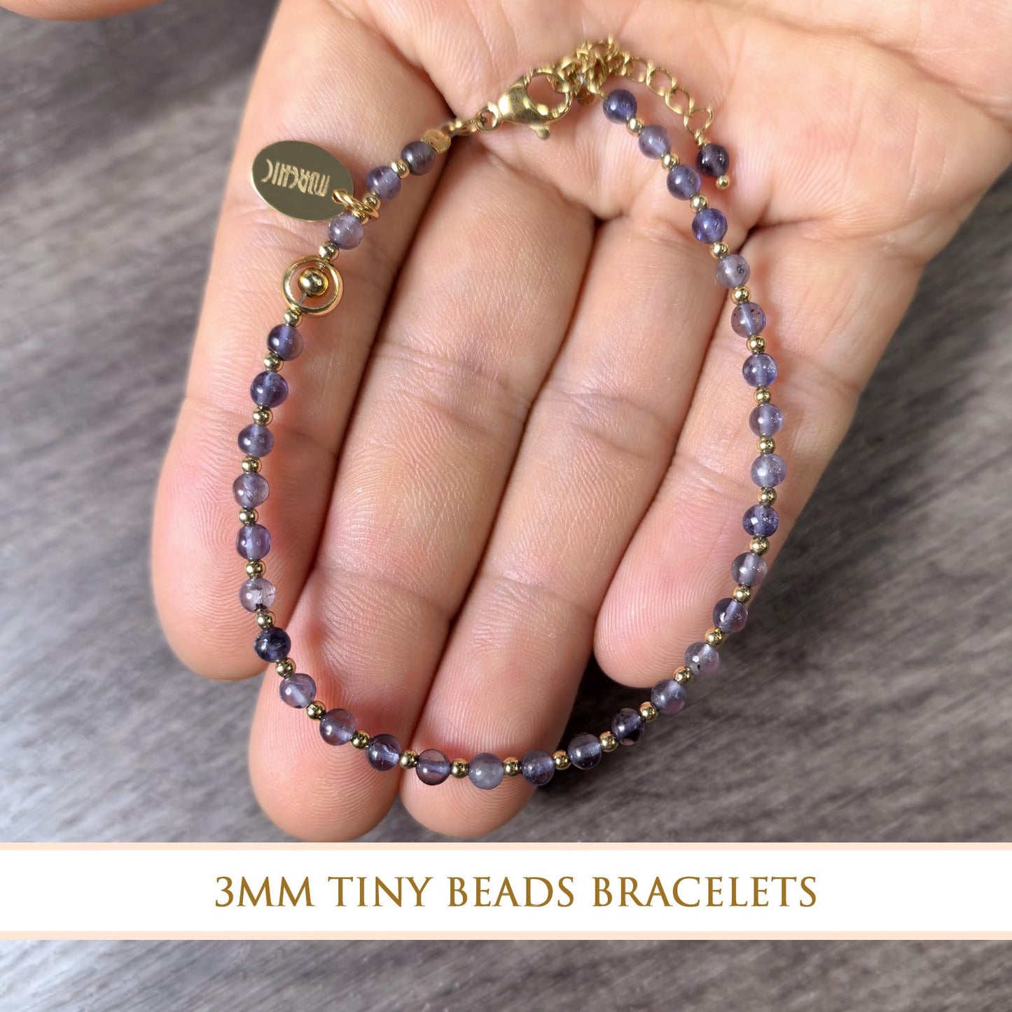 Morchic 3mm Blue Iolite Cordierite Natural Gemstone Beaded Bracelet for Women, Dainty Charm Jewelry, Adjustable 7.1-8.6", Ideal Birthday Holiday Gift