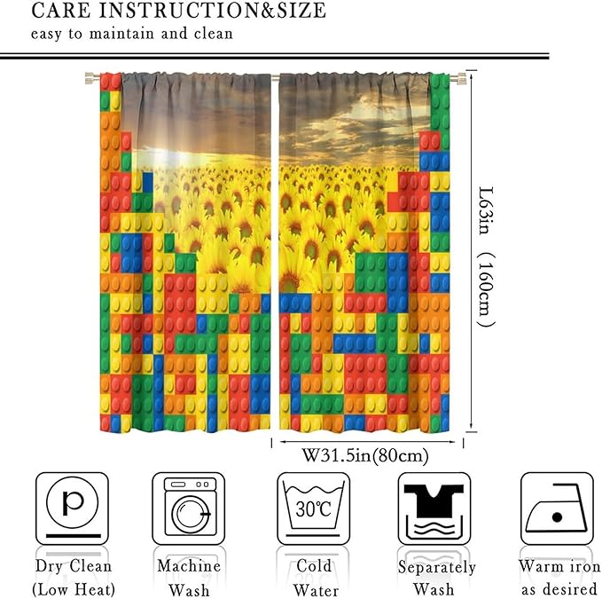 Colorful Building Blocks Sunflower Flower 3D Toy Printed Curtains, Building Blocks, Floral Sunflower Curtains, Interesting Brick 3D Design, Boys and Girls Room Curtain Panels, 2 Panels 63x63in