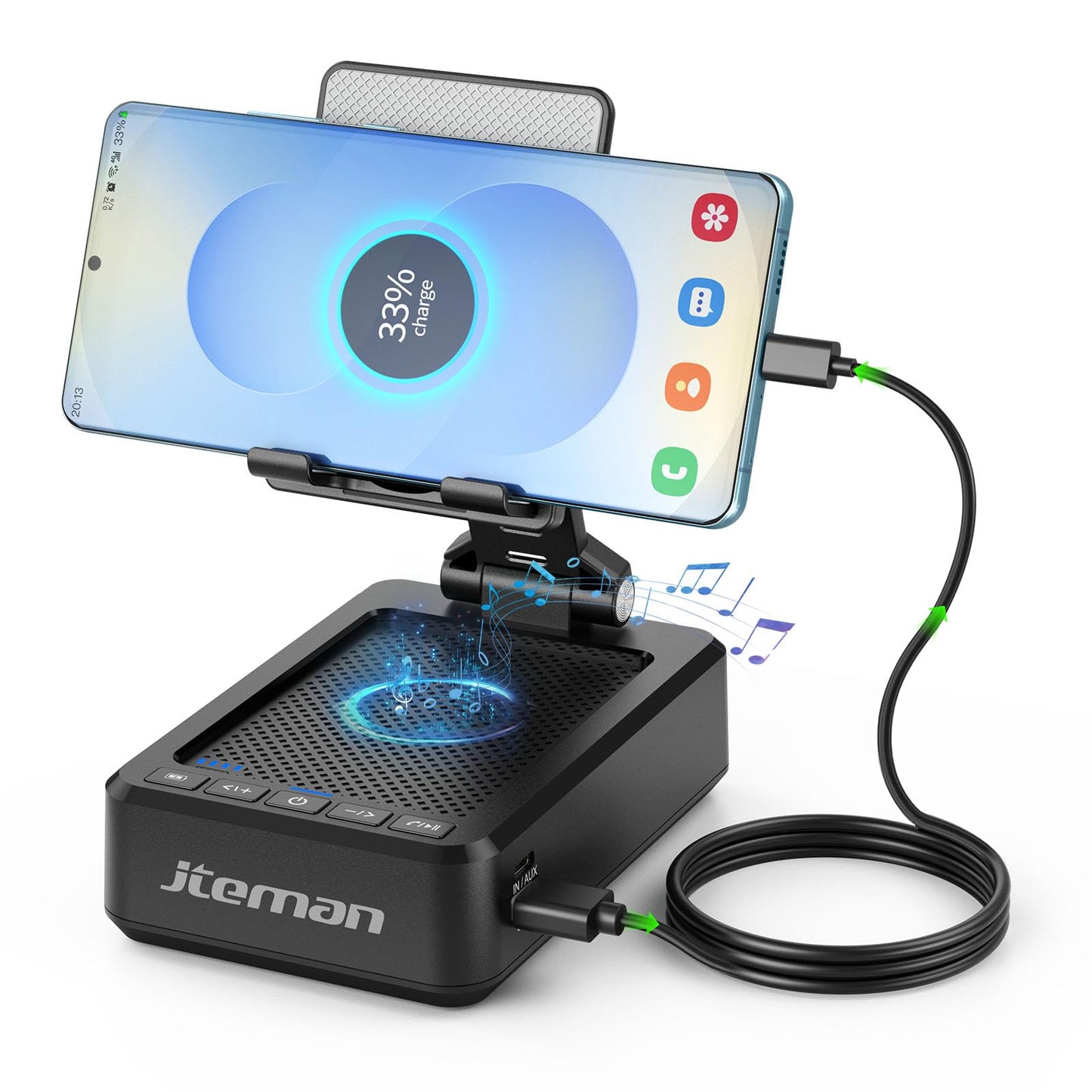 JTEMAN Cell Phone Stand with Bluetooth Speaker,HD Sound Adjustable Phone Holder,Birthday Gifts for Men Women, Cool Tech Kitchen Gadgets for Most Phones and Tablets-Black