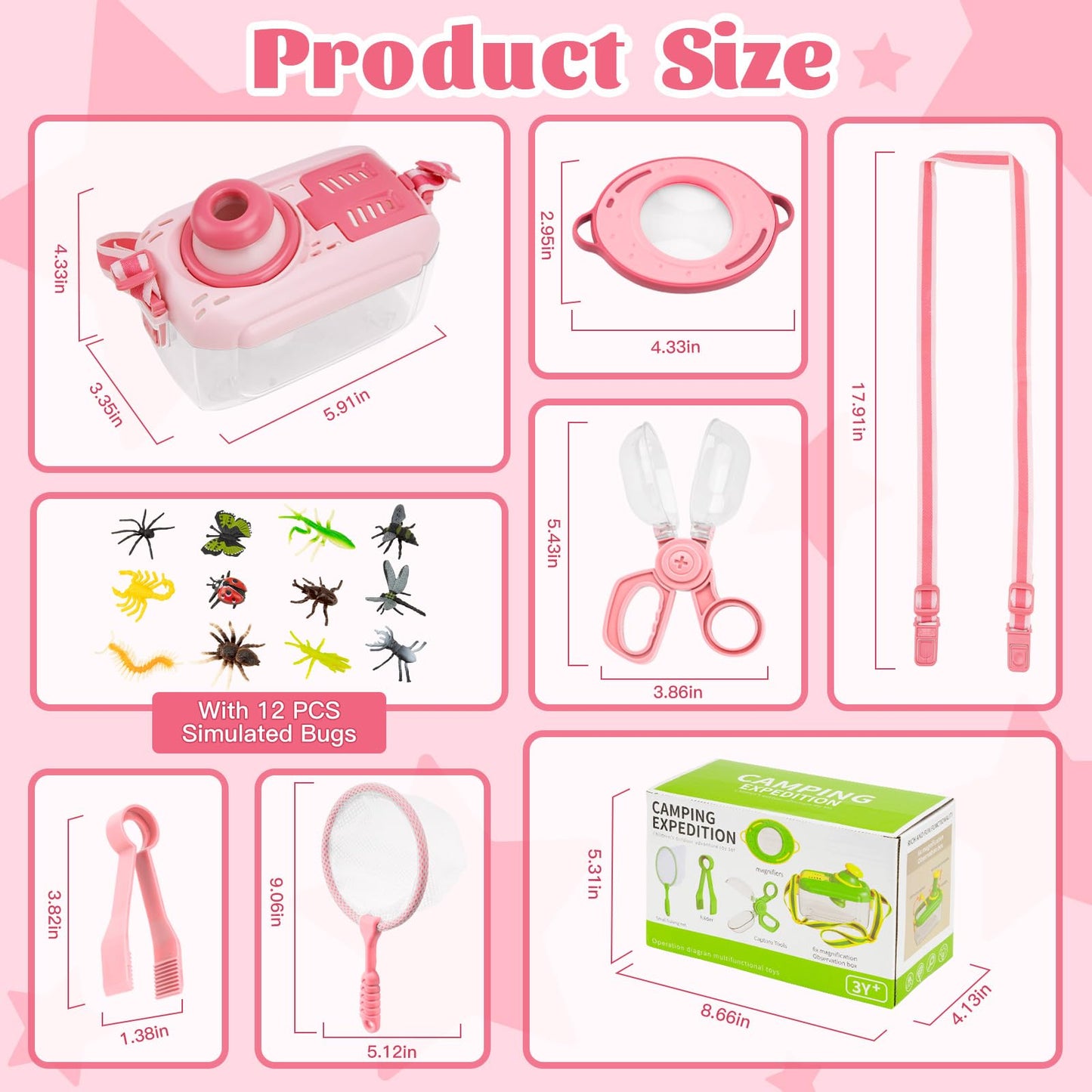 Funsland Bug Catcher Kit for Kids - 17 PCS Outdoor Explorer Kit Insect Catching Toys Nature Adventure Set for Boys 3 4 5 6 7 8 Year Old (Pink)