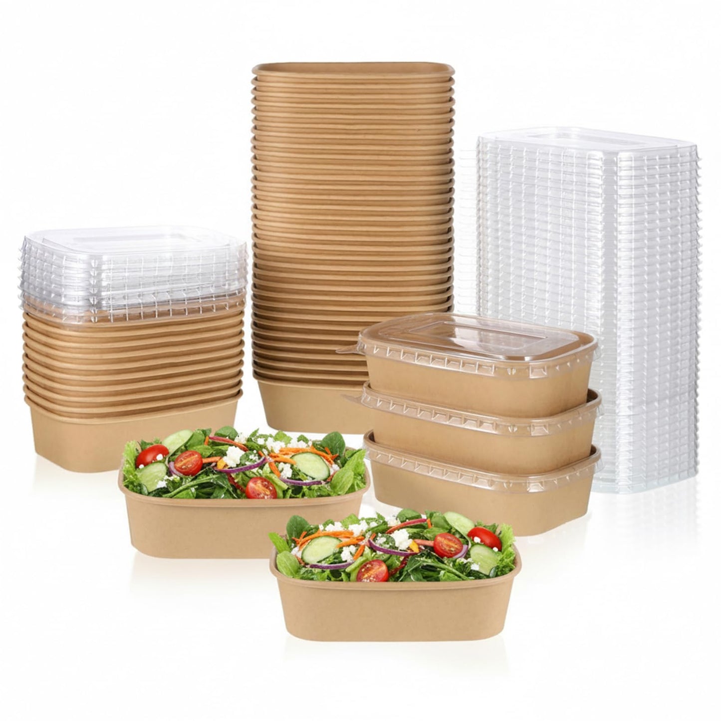 Oqqlin 50 Pcs 19 oz Paper Bowls with Lids, Disposable Rectangular Food Containers Thickened Meal Prep Containers for Ice Cream, Soup, Yogurt, Salad
