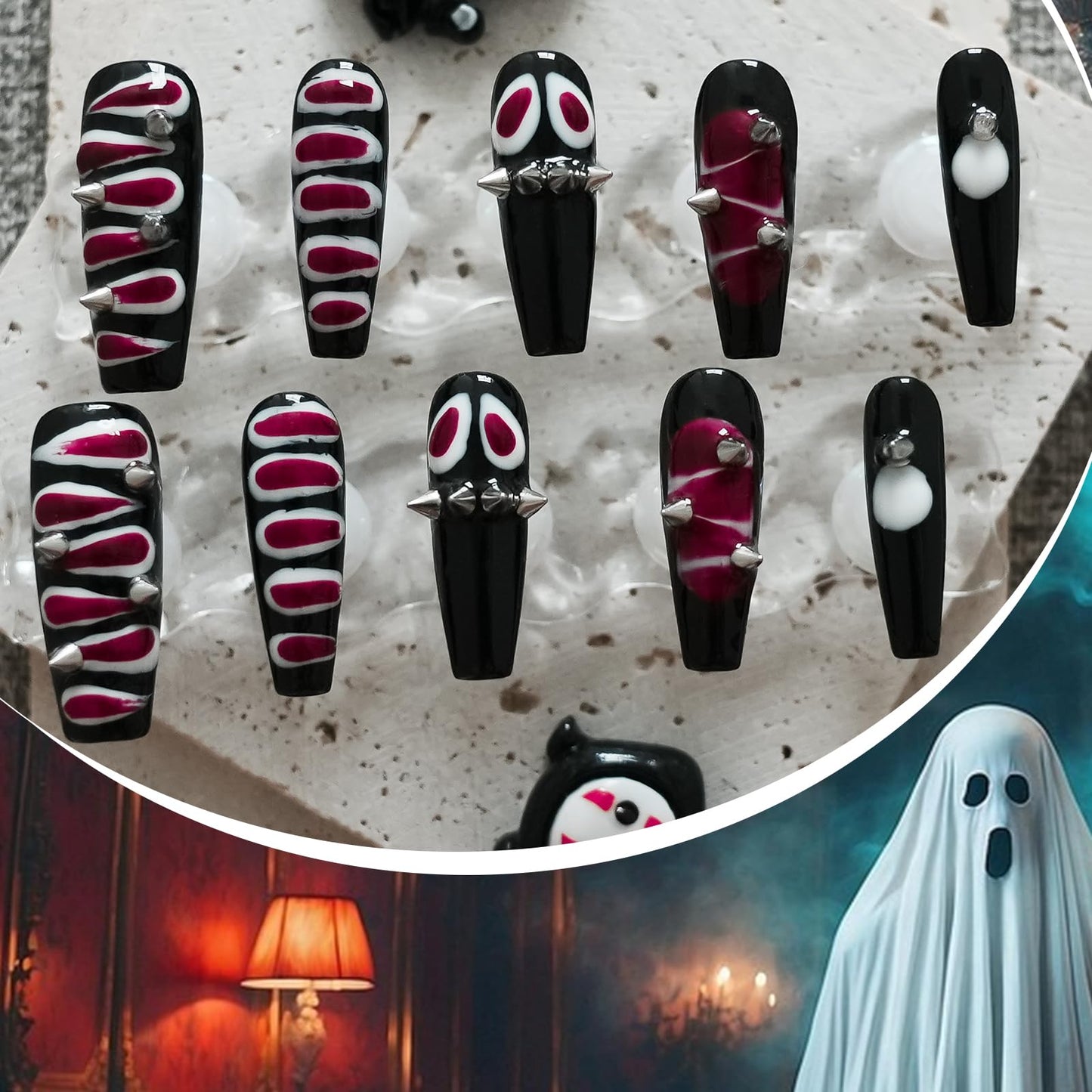 Tesytto Snake Press on Nails Long Coffin Y2K Edgy Design - 3D Metal Studs Charms Punk Goth False Nails, Reusable False Nails for Halloween, Parties (Snake Skin,M)