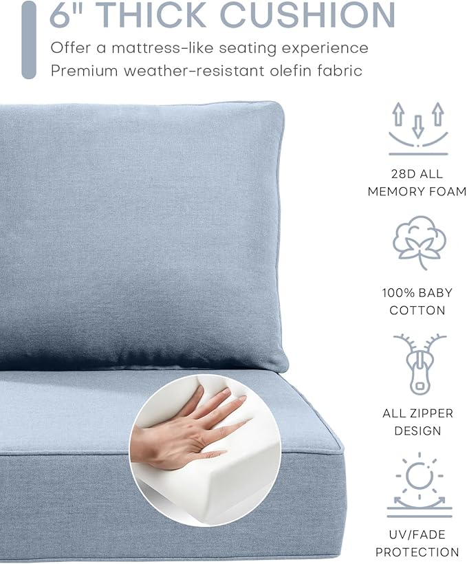 Luxury 22x24/22x25 6-Inch Patio Chair Cushions Set of 3 - Memory Foam Deep Seat Water-Resistant Patio Cushion for Dining Rocking Swivel Chairs Loveseat 3-Seater Sectional Sofa - Baby Blue