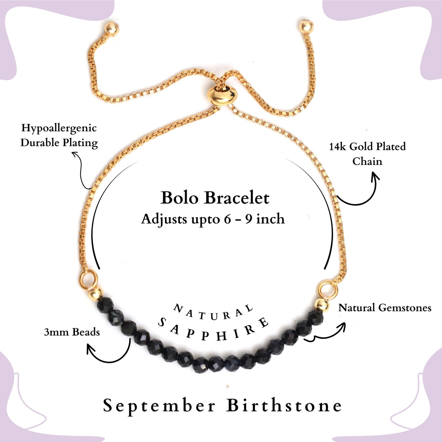 Gempires Midnight Blue Sapphire Beaded Bracelet, Birthstone Bracelet, September Birthstone, Bolo Beads Bracelet, Gift for Her, 14k Gold Plated Chain (6-9inch Adjustable Length)