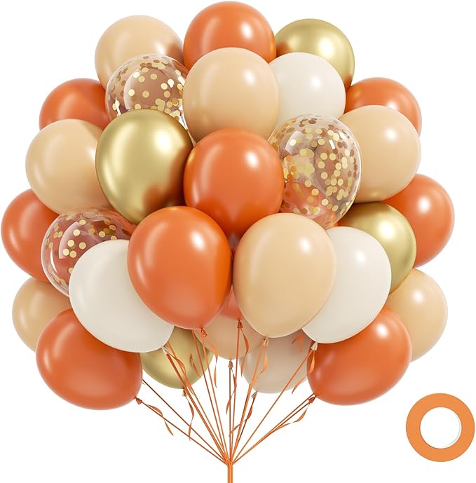 60pcs 12inch Fall Balloons Thanksgiving Balloons with Burnt Orange Nude White Metallic Gold Confetti Balloon for Autumn Birthday Little Pumpkin Wedding Fall Baby Shower Decorations