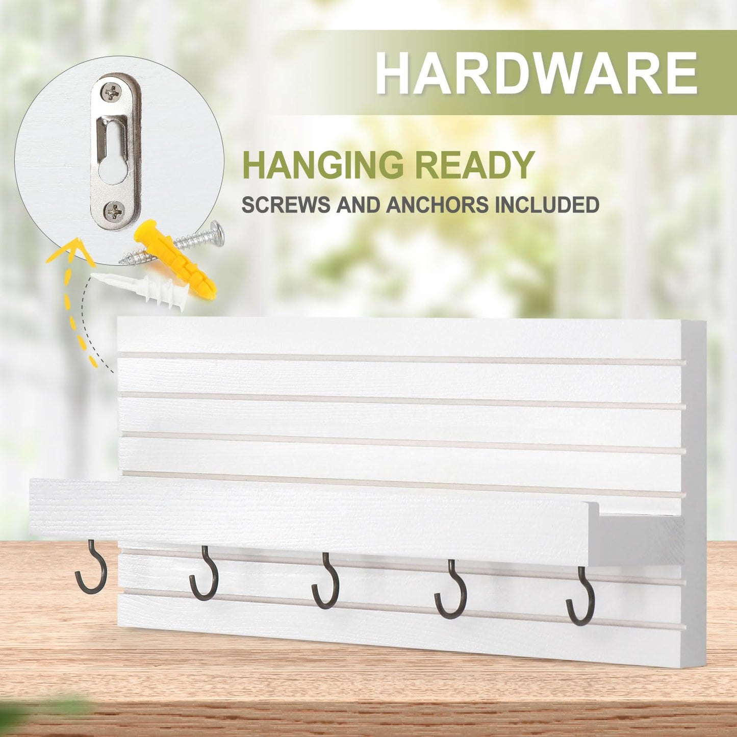 Lwenki Decorative Key Holder for Wall with Shelf, Entryway Shelf with Hooks Holds Leashes, Jackets and Glasses – Sturdy Wood Keyholder Entrance Hanger with Mounting Hardware (White, Medium)