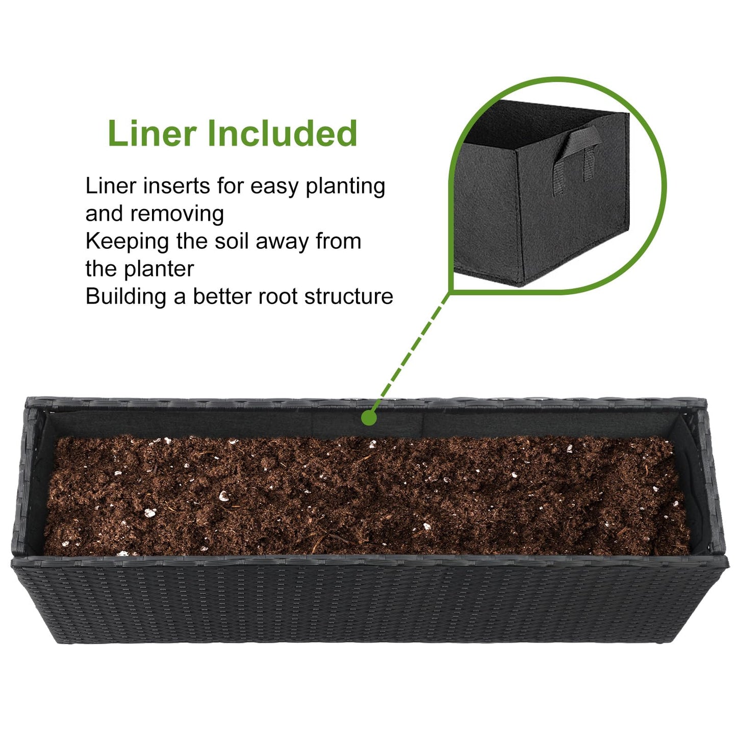 LEWIS&WAYNE Large Rectangular Block Planter Box Handmade Wicker Tall Planters for Outdoor Plants with Removable Liners Modern Planter for Indoor Outdoor Patio Deck - Black, 36''x12''x16''