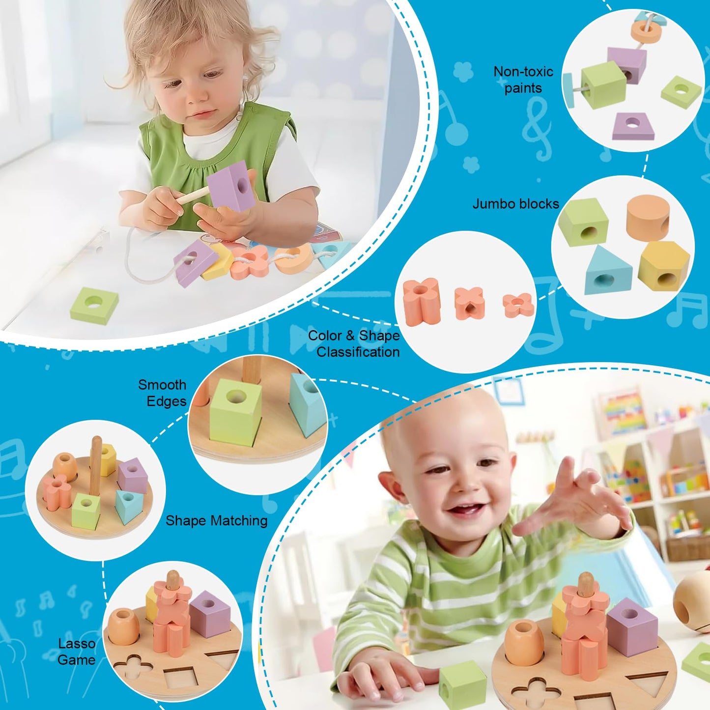 Adena Montessori Play Kit for 13-18 Month Baby,8 in 1 Toy,Colorful Stacking&Nesting Cup,Coin Bank,Coins,Carrots Lid,Carrots,Posting Lid,Flexble Stacker,Bead Kit,Shape Puzzle,Pound&Tap Hammer Bench