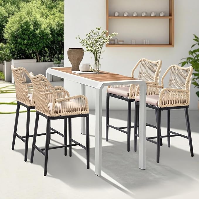 VINGLI Outdoor Counter Height Bar Stools Set of 2, Rattan Outdoor Barstools Boho Woven Patio Bar Stools with Backrest, Aluminum Frame Patio Garden Balcony Pool Bar Chairs (2 PCS)