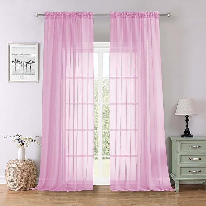 Lecloud Light Pink Sheer Curtains for Living Room 96 Inches Long 2 Pcs, Airy Solid Color Light Filtering Curtains for Bedroom Dining Room, Dual Rod Pocket Comfort Drapes, Each Panel 59" W x 96" L