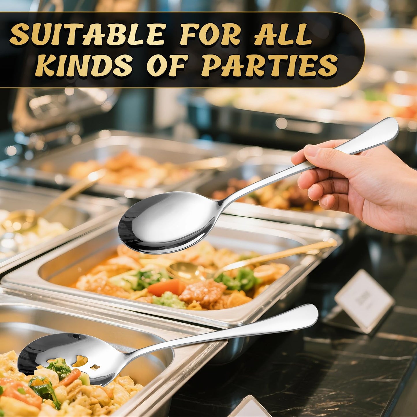 Keyoxy 8 Piece Stainless Steel Serving Spoon Set - 4 Large, 4 Slotted,Dishwasher Safe,10-Inch, for Parties/Kitchen/Buffet/Catering