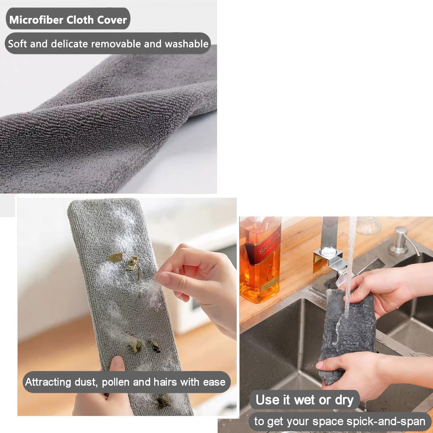 Dust Brush Under Appliance Microfiber Duster with Extension Pole (40 to 55 inches) Bendable, Washable, Extendable Gap Dusters for Sofa Bed Furniture Bottom - Wet or Dry Gray