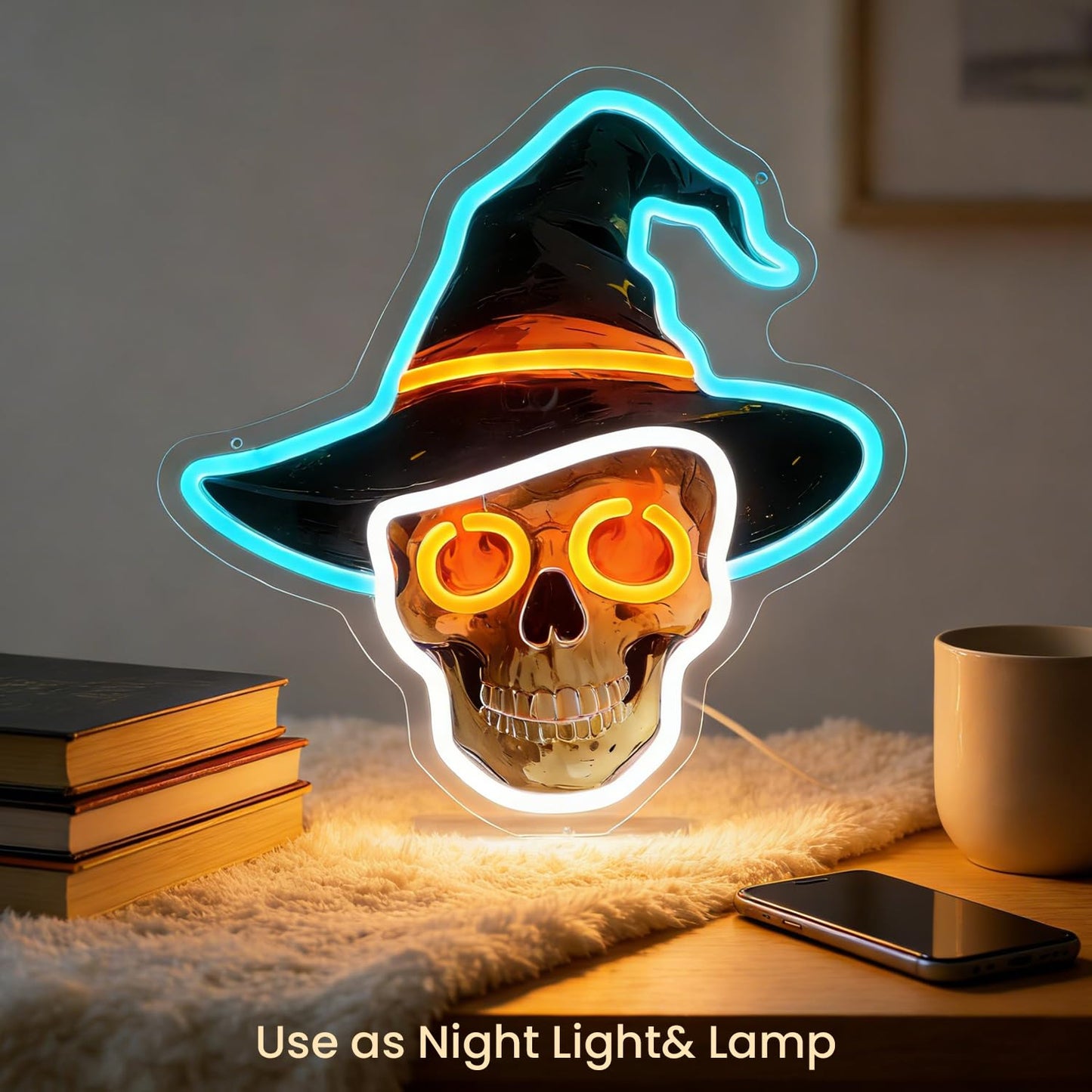 LED Halloween Skull Neon Sign Light Up Skull Wizard's Hat Lights Lighted Horror Neon Signs with Base for Bedroom Dorm Hallway Garage Man Cave Bar Gaming Room Wall Decor Desktop Counter Art or Gifts