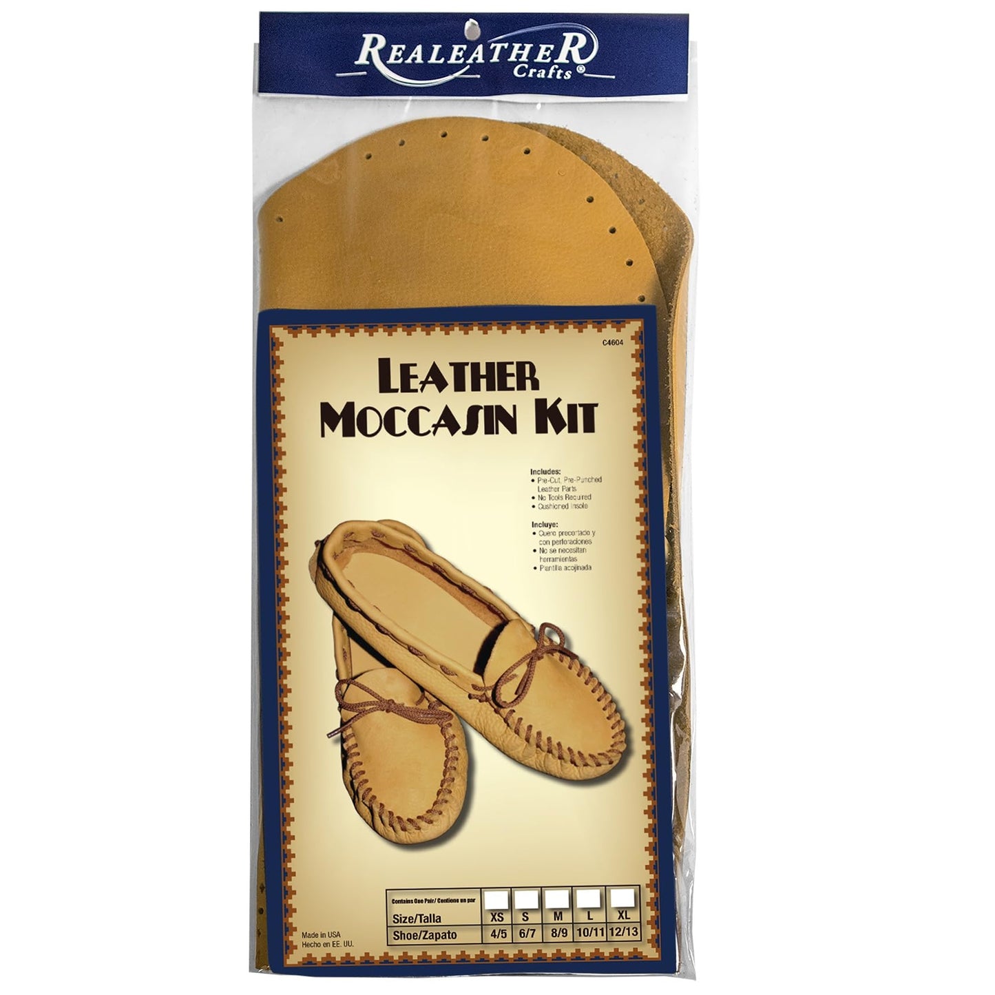 Realeather C4604-03 Adult Moccasin Leathercraft Kit, Size 8-9, Golden Tan, 1-Pair
