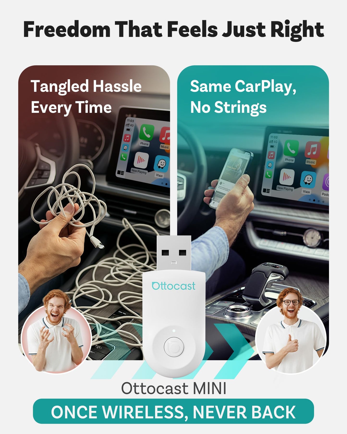 OTTOCAST Mini 2025 Wireless CarPlay & Android Auto 2-in-1 Adapter, Plug & Play, 5GHz WiFi, Auto Connect for iPhone & Android, Fits 98%+ OEM Wired CarPlay Cars