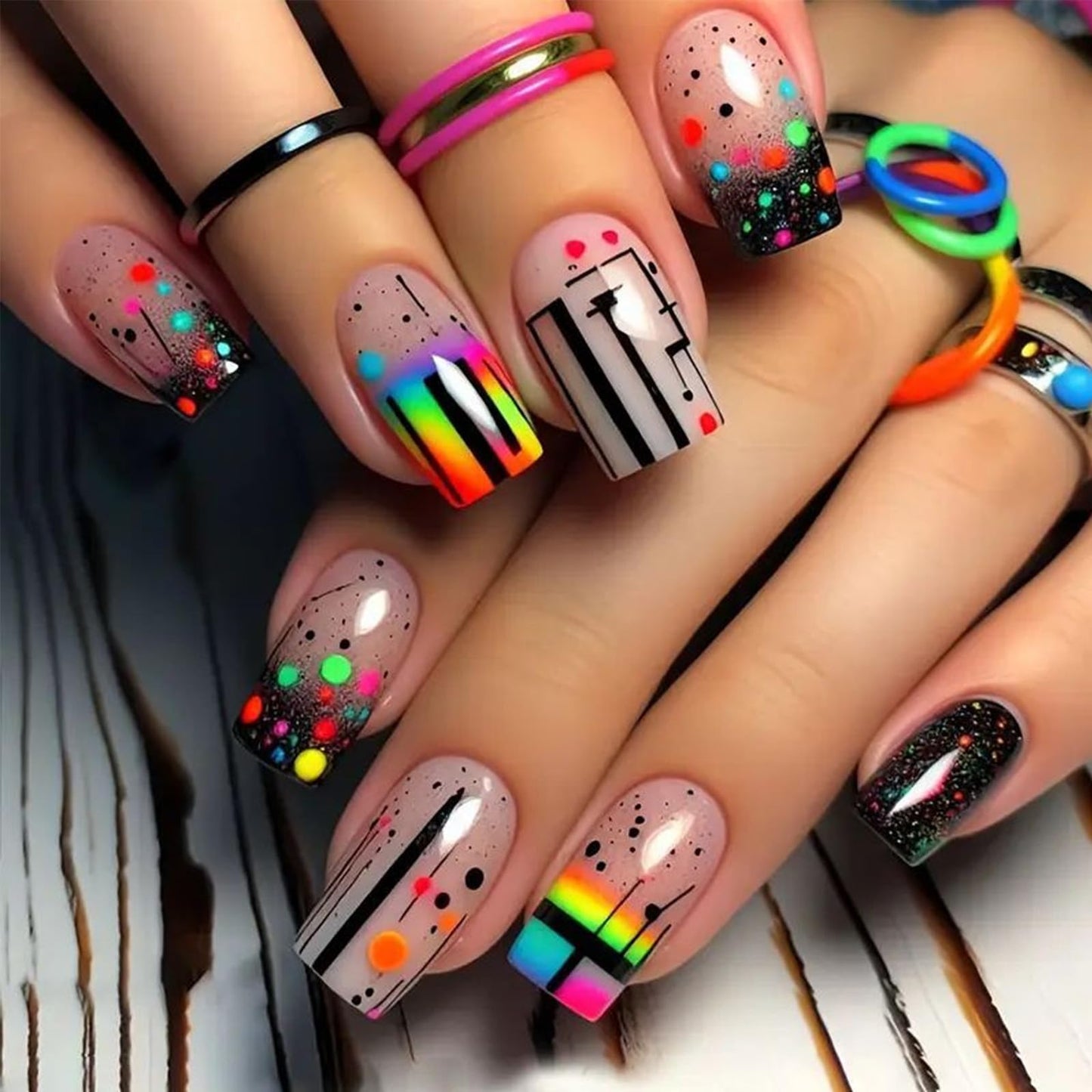 Rainbow Polka Dot Press on Nails Medium Square Fake Nails with Lines Dots Design Colorful Acrylic False Nail Glossy Full Cover Stick on Nail Reusable Artificial Summer Nails for Women 24Pcs