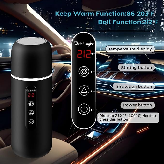 Electric Travel Kettle,12V/24V Car Coffee Warmer Kettle,Portable Hot Water Boiler,Small Hot Water Heater with Built-in Magnetic Induction Stirring
