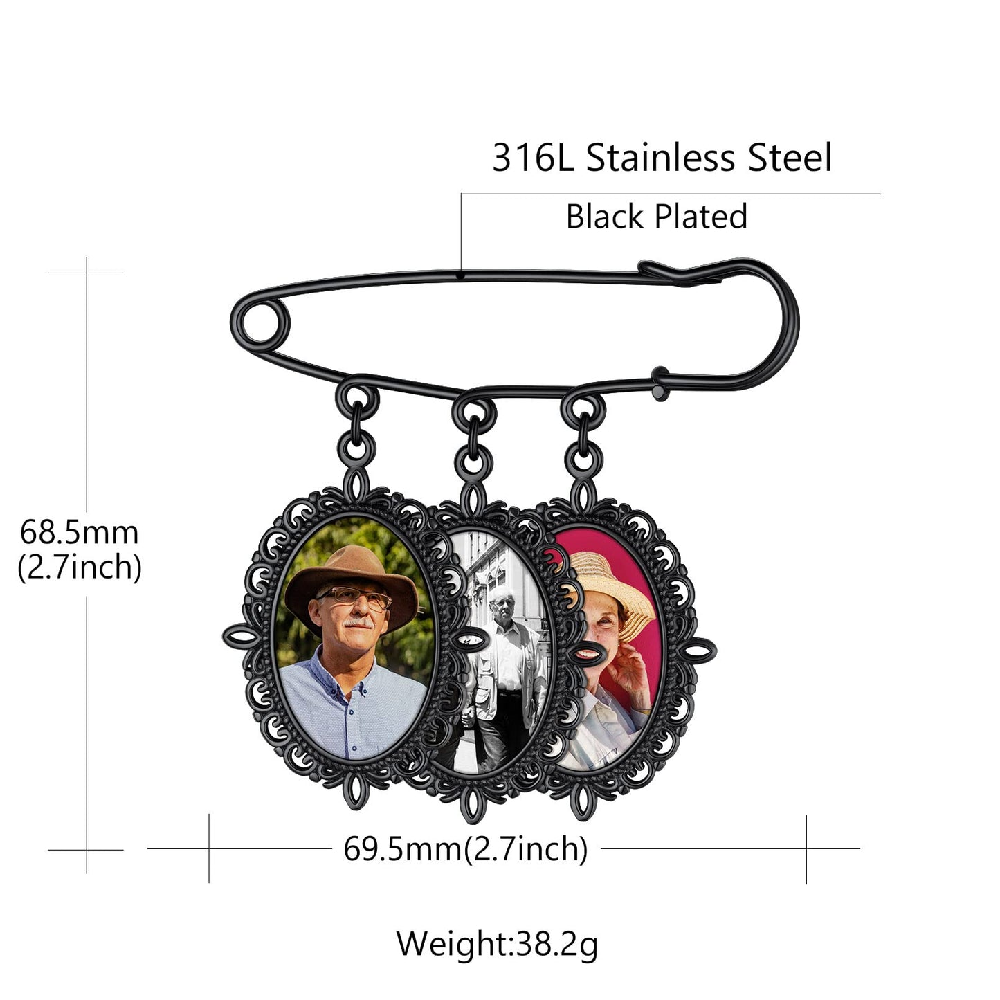 Custom4U Photo Charm for Bouquet Oval Shaped Brooch Pins with 3 Pictures Customized Memorial Wedding Jewelry
