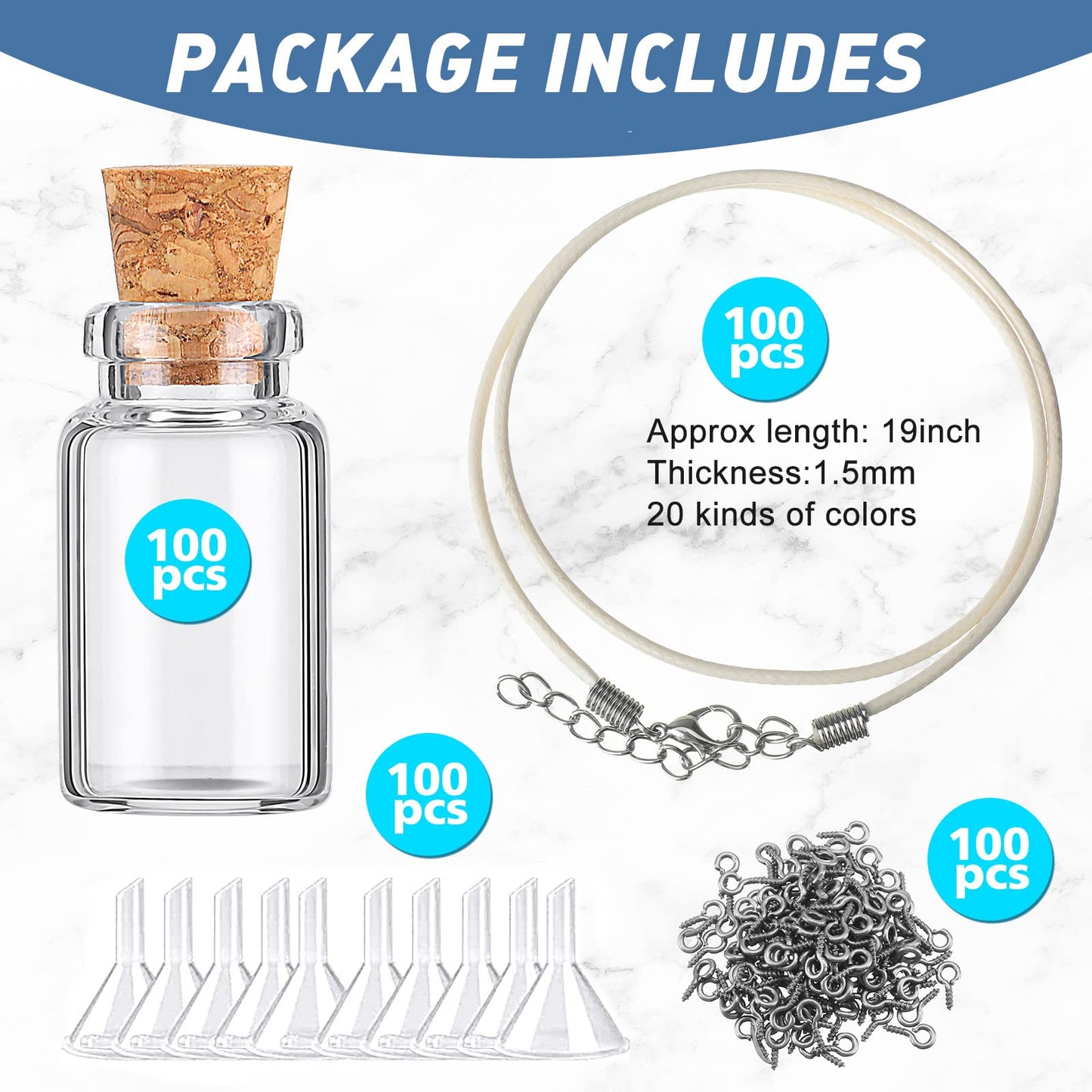 Mimorou 100 Pcs Mini Glass Bottles with Cork Stoppers 2 ml Clear Small Jars 0.07oz Glass Vials Sets DIY Decorative Wish Bottles, Including 100 Eye Screws 100 Ropes 10 Funnels