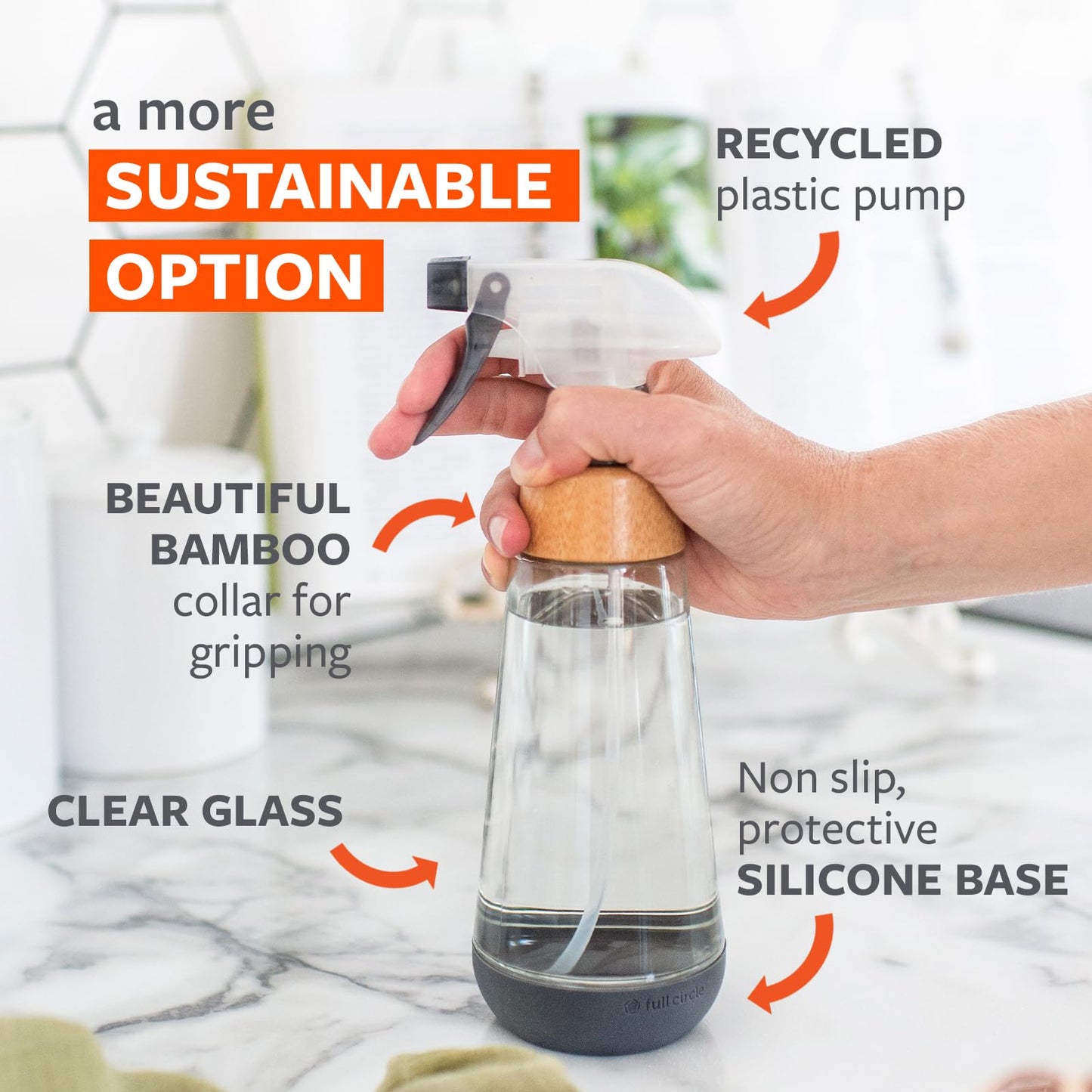 Full Circle Bottle Service - Refillable Glass Spray Bottle for Cleaning - Versatile Stream & Mist Options, Bamboo, Silicone Boot - Ideal for Non-Toxic Solutions & Plant Care, 16oz, Gray