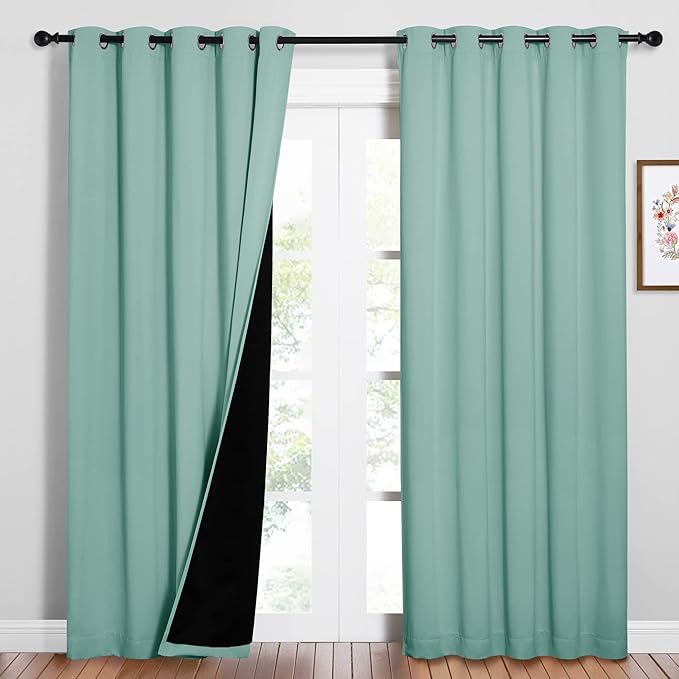 NICETOWN 100% Blackout Window Curtain Panels, Cold and Full Light Blocking Drapes with Black Liner for Nursery, 84 inches Drop Thermal Insulated Draperies (Aqua Blue, 2 PCs, 62" Wide Each Panel)