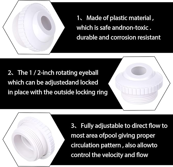 3 Pieces Pool Jet Nozzles, 3/4" Directional Flow Eyeball Inlet Jet, Swimming Pool Return Jet Replacement Parts Fittings Spa with 1-1/2 Inch MIP Thread Pool Accessories for Cleaning White