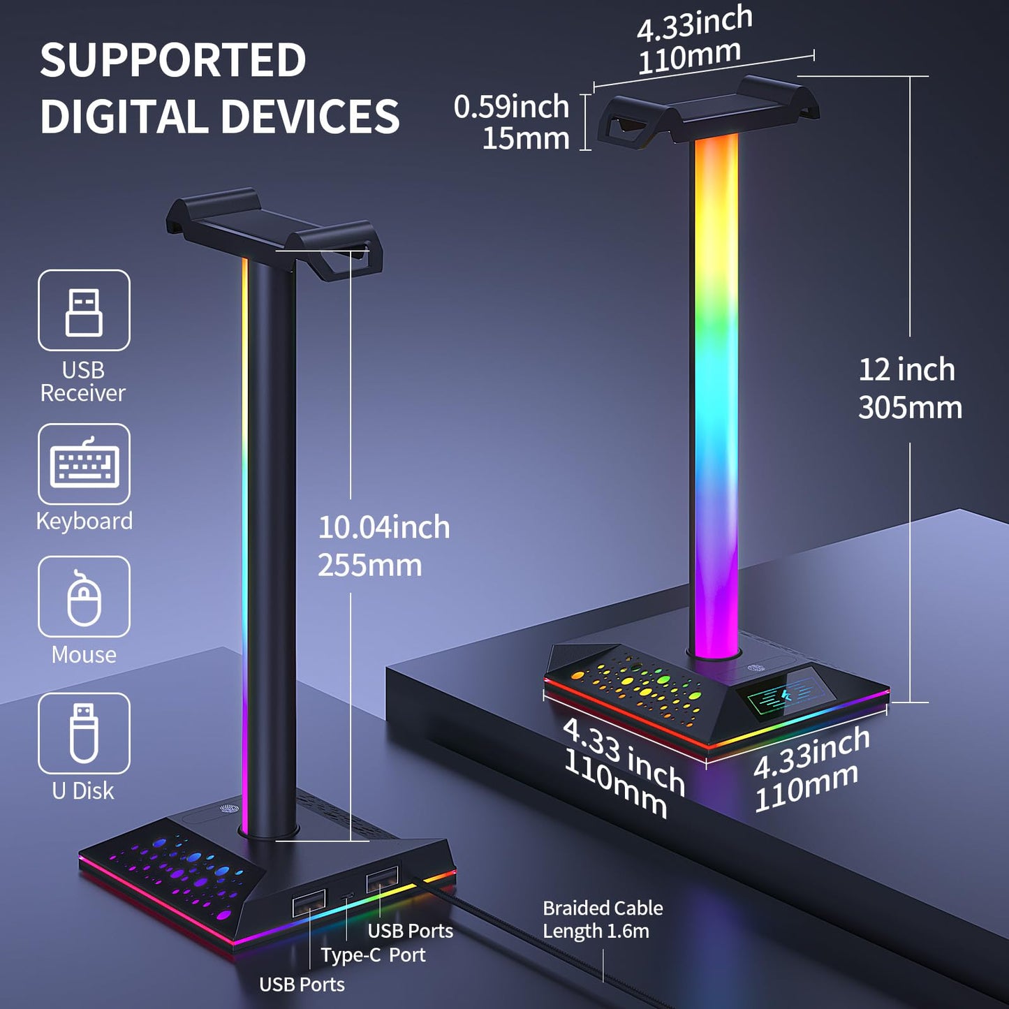 Xergur Gaming Headphone Stand PC Accessories - RGB Headset Stand with 2 USB Charger, Cool LED Headphone Holder PC Gaming Accessories for Boys Men Gamers, Computer Game Hardware for Desk