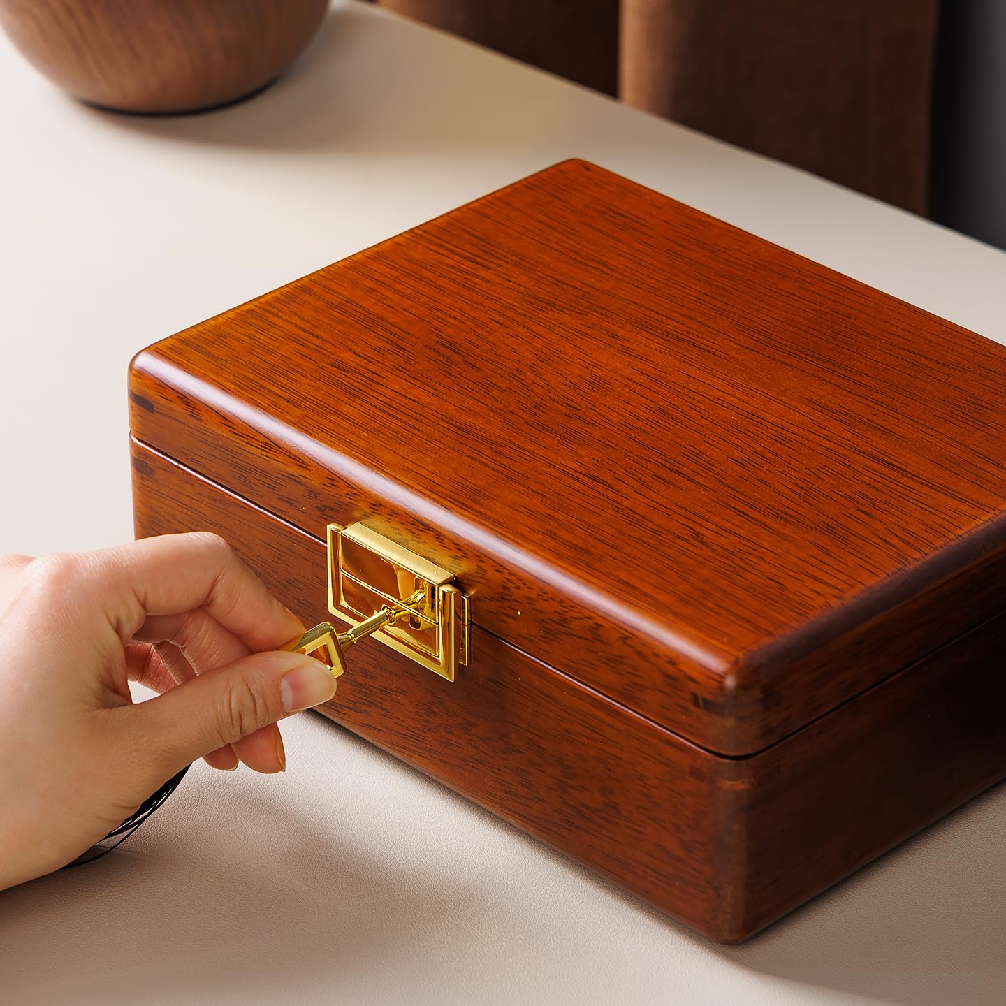 LIBOLXSP Solid Walnut Wood Jewelry Box with Lock,2 Layer Velvet Lined for Earrings Rings Necklaces Bracelets Watches,Both Style and Security, for Men Women,Vintage Brown