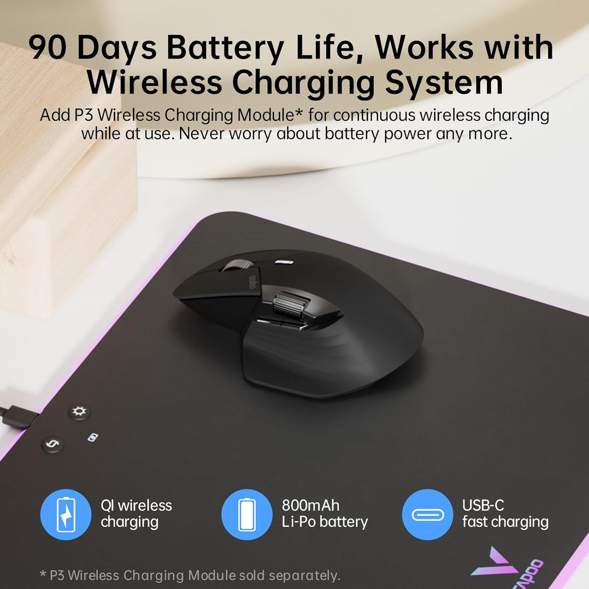 Rapoo MT760Mini Bluetooth Wireless Mouse - Bluetooth 5.0 and 2.4GHz Multi-Mode Connection, Support 4 Devices, M+ Cross Computer Technology, 11 Programmable Buttons, Matte Black