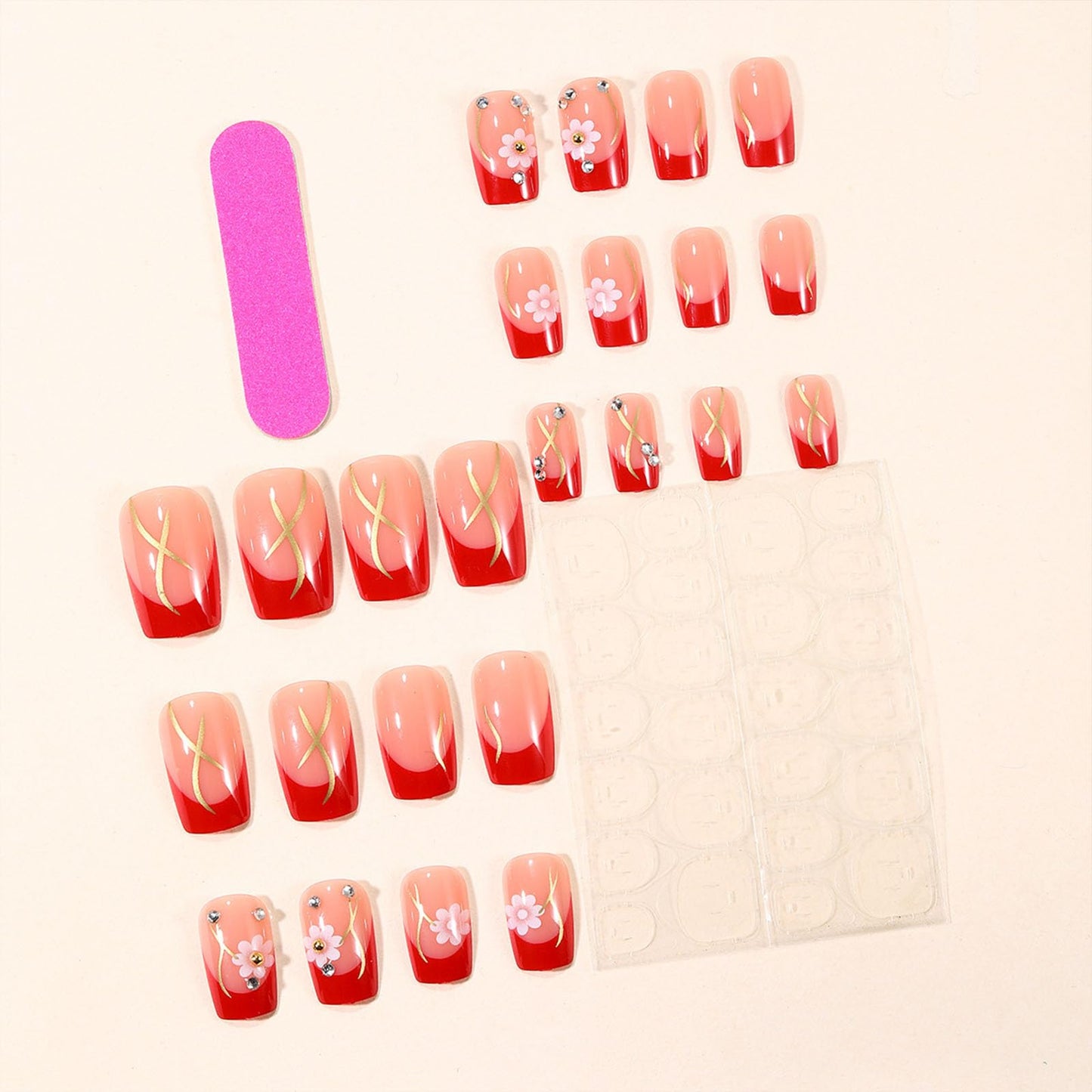 French Tip Press on Nails Square Medium Fake Nails Silver Lines Yellow Rhinestones Pink Flower Designs Glossy Nails Press ons Nude Glue on Nails Acrylic Artificial Stick on Nails for Women 24Pcs