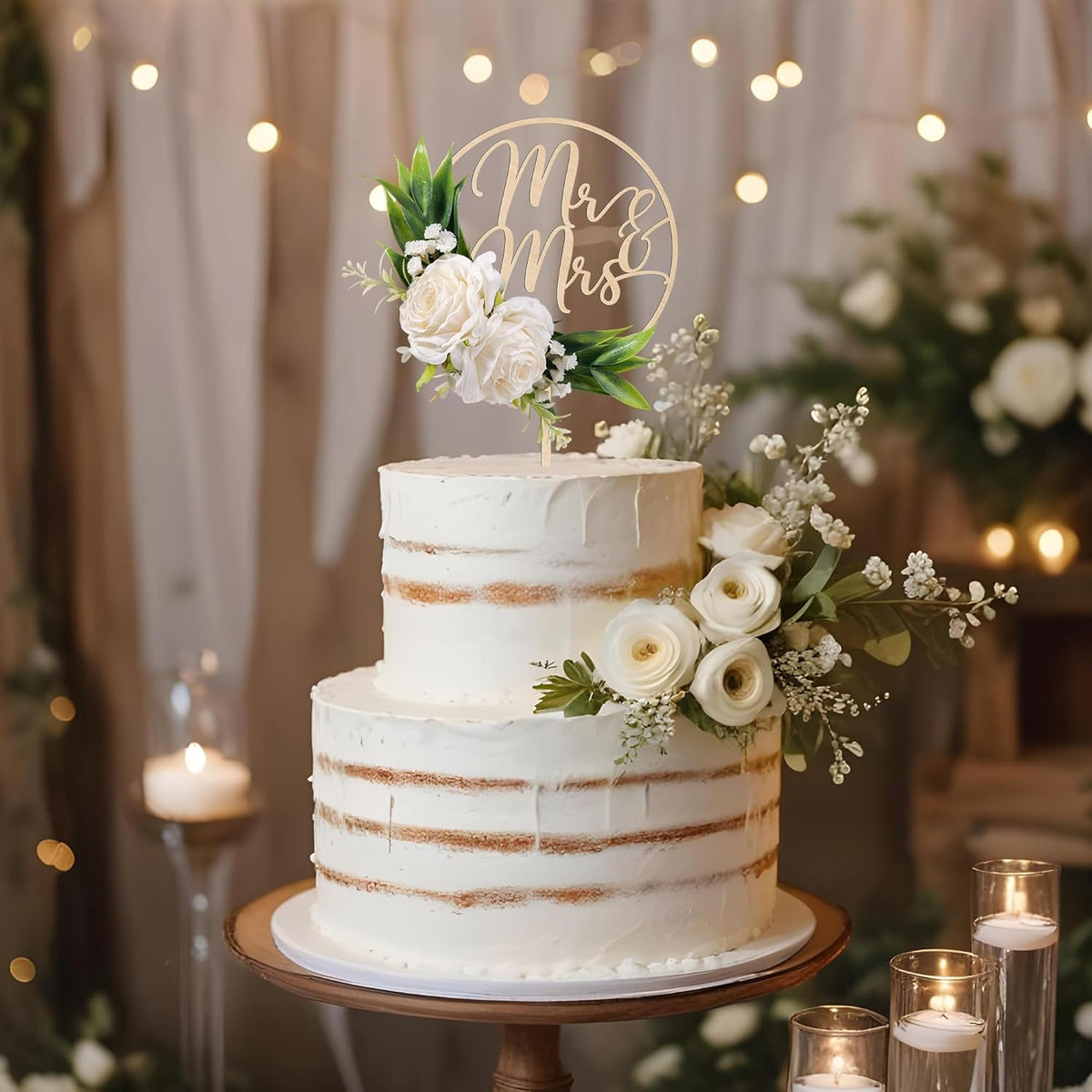 Mr & Mrs Wedding Cake Topper with 3D Artificial White Flowers and Green Leaves Wooden Cake Decoration for Wedding 3D White Roses