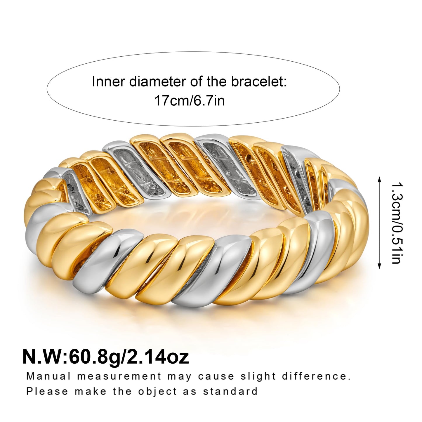 FAMARINE Gold Silver Chunky Bangle Bracelet for Women Men Two Tone Stretchchable Elastic Bracelet Jewelry Gift for Daily Wear