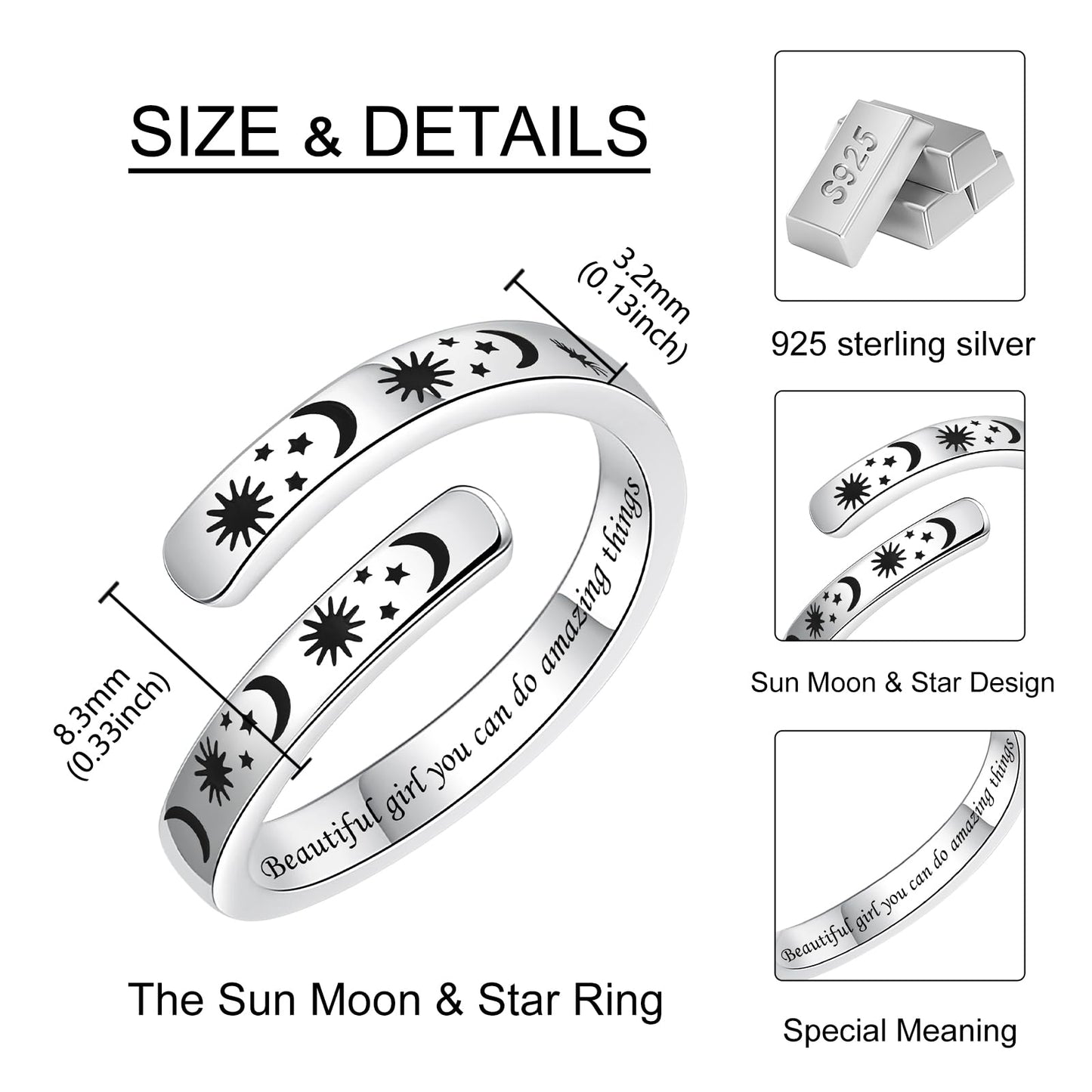 925 Sterling Silver Inspirational Jewelry Adjustable Wrap Open Ring Encouragement Gift for Women (Sun & Moon - Beautiful * you can do amazing things)