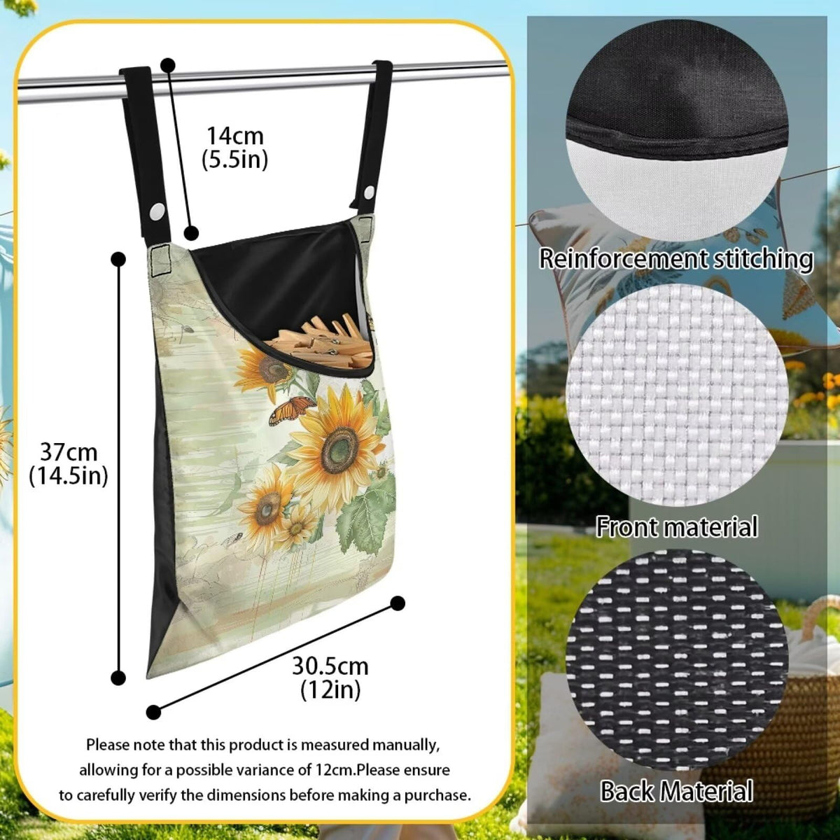 Sunflowers Butterfly Clothespin Bag for Clothesline Outdoor Storage with Hanger Hook