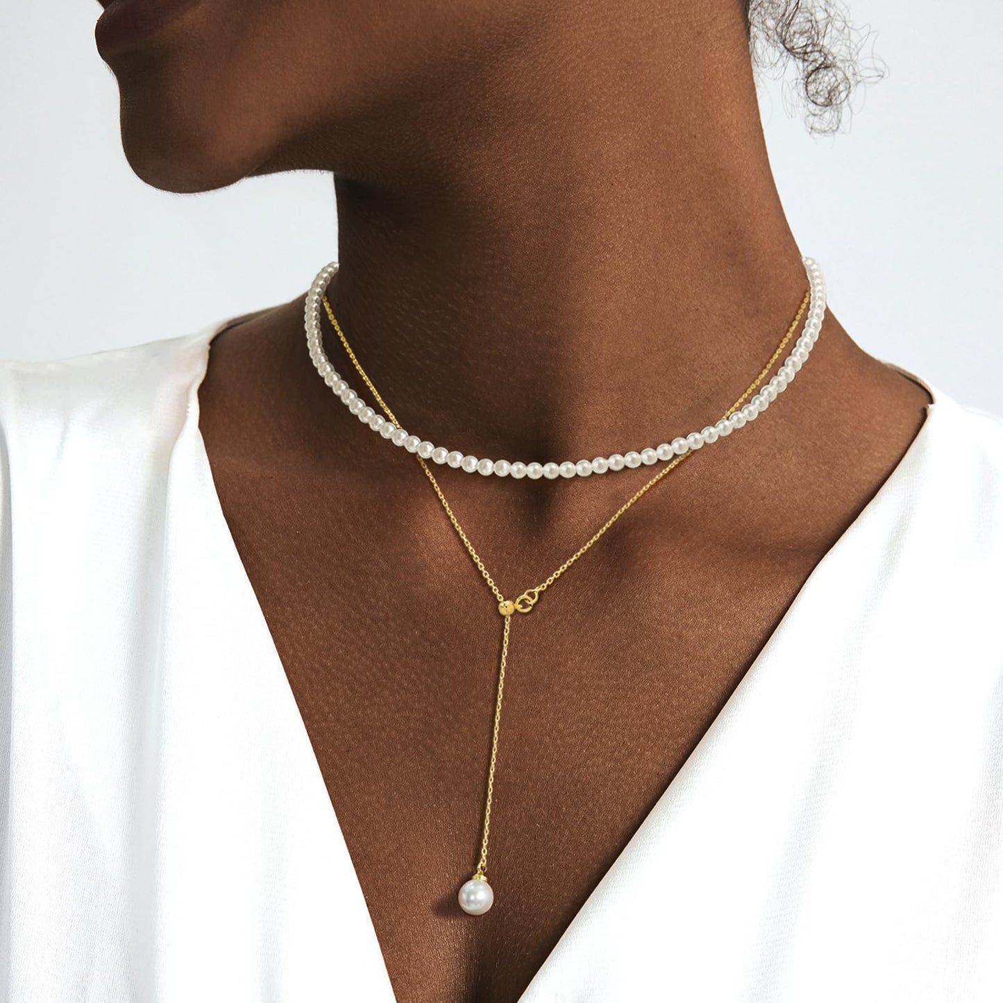 Zeffy Layered Long Pearl Necklaces Dainty Gold Pearl Lariat Necklace Stack Prom Drop Dangle Statement Adjustable Trendy Simple Pearls Choker Y-Shaped Chain Wedding Women's Jewelry Set Gift