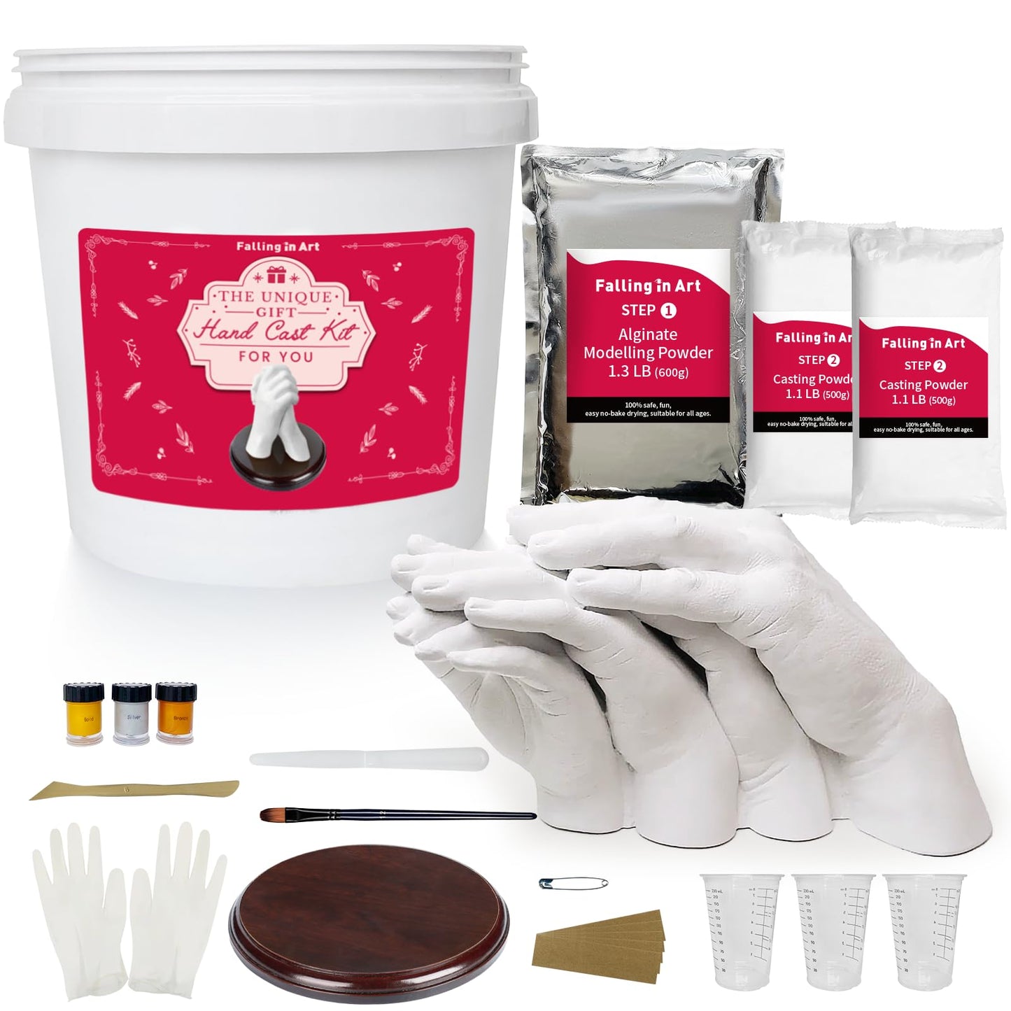 Falling in Art Hand Casting Kit Couples - Keepsake Plaster Hand Mold Kit for Family, Kids, Adults with Large Bucket, Gloves, Powder Materials, Color Paints, Wooden Base, Valentine's Day Gift