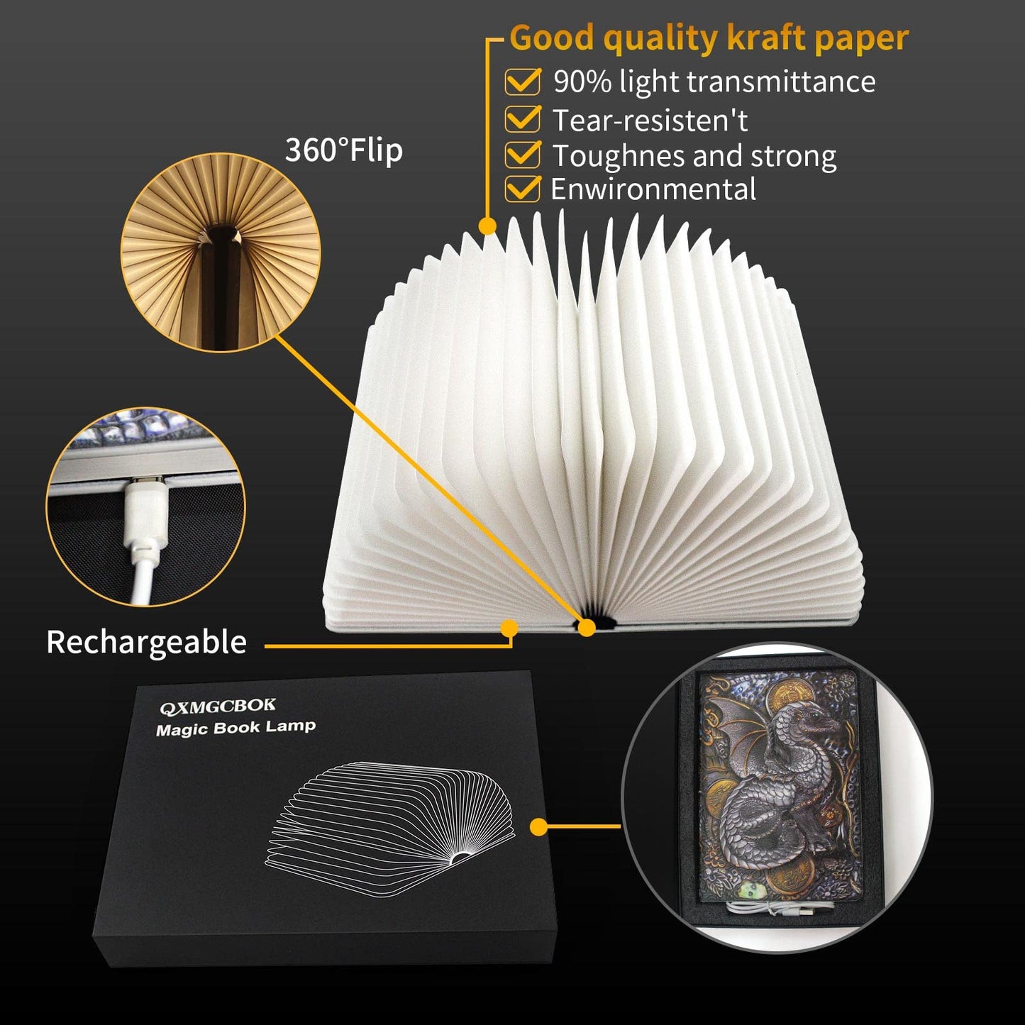 QXMGCBOK Folding Book Lamp Dragon Night Light, Portable Bedside Light (3 Colors) - Gift for Book Lovers